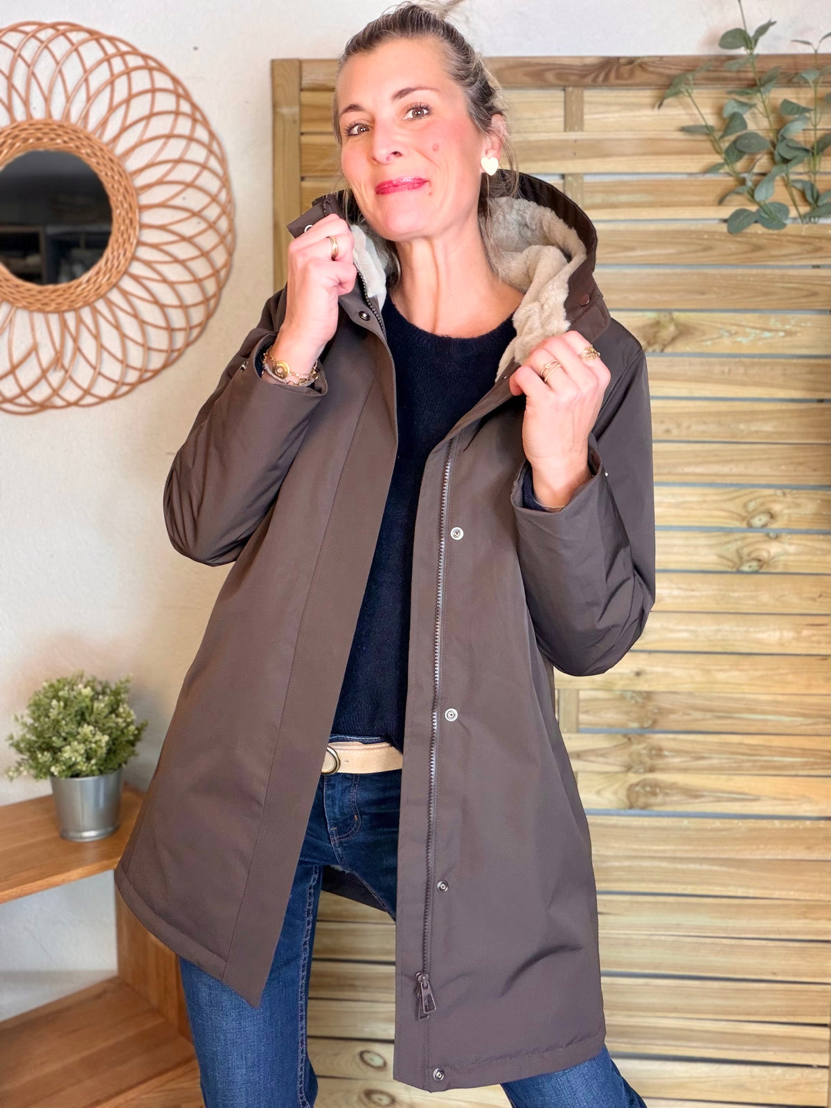 LAURA JO - Parka fourrée imperméable AMBRE LONG - Chocolat / Beige