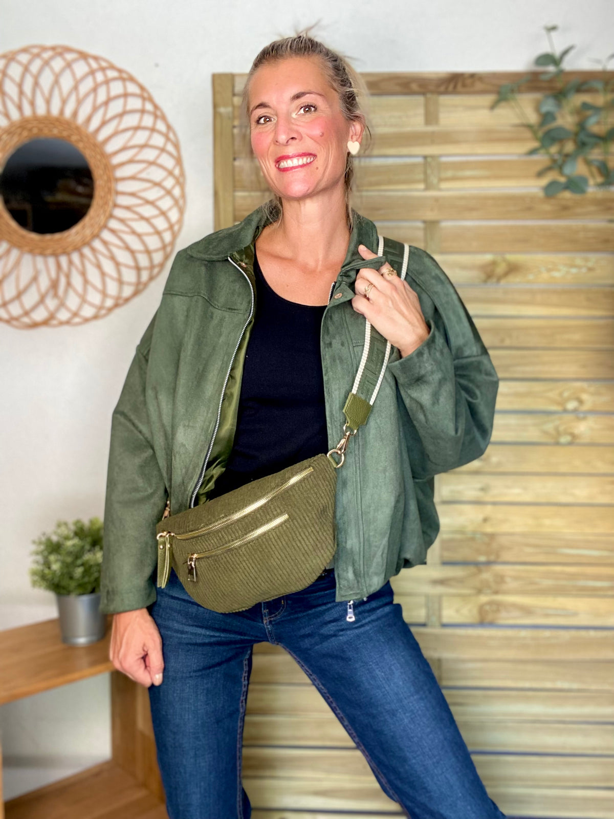 Sac banane L en velours côtelé 2 zips et sangle fantaisie - ASHLY - Kaki
