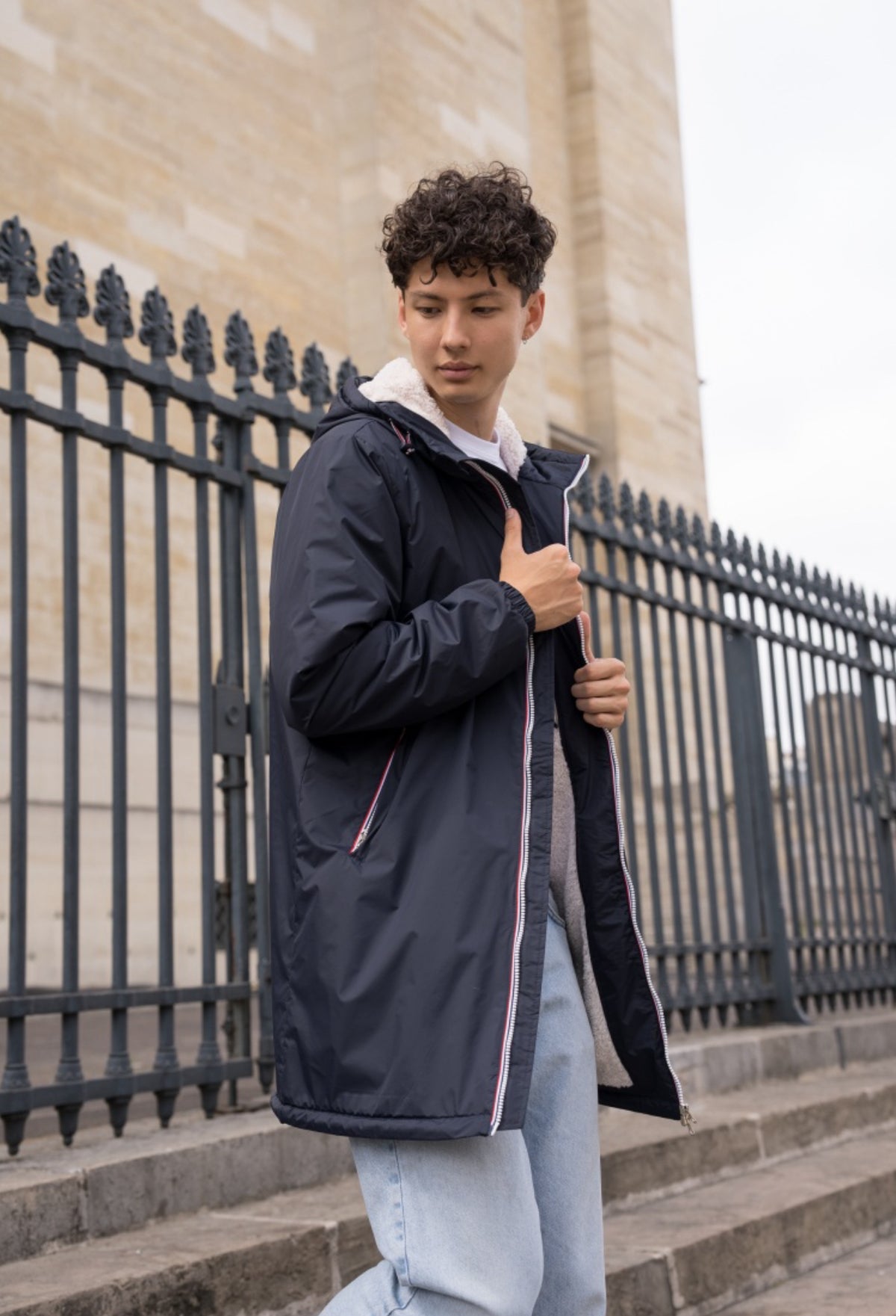 LAURA JO - Parka Imperméable Homme LOUIS* LONG Bleu marine / sherpa écru • DÉSTOCKAGE sur Taille S