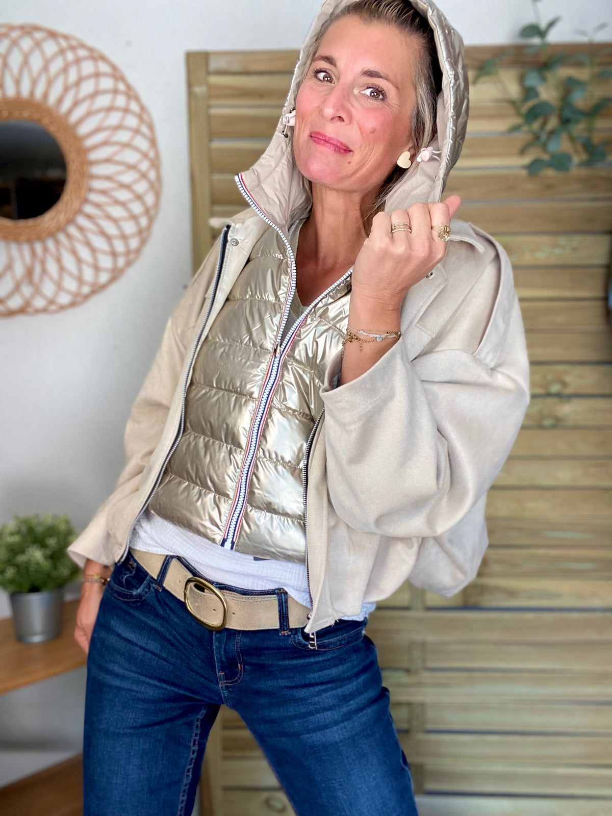 LAURA JO - Col capuche amovible réversible DANY - Beige / Doré