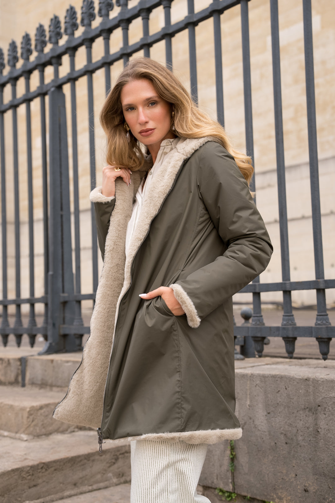 LAURA JO - Parka Imperméable réversible fourrée Kaki / Beige ALIX Long