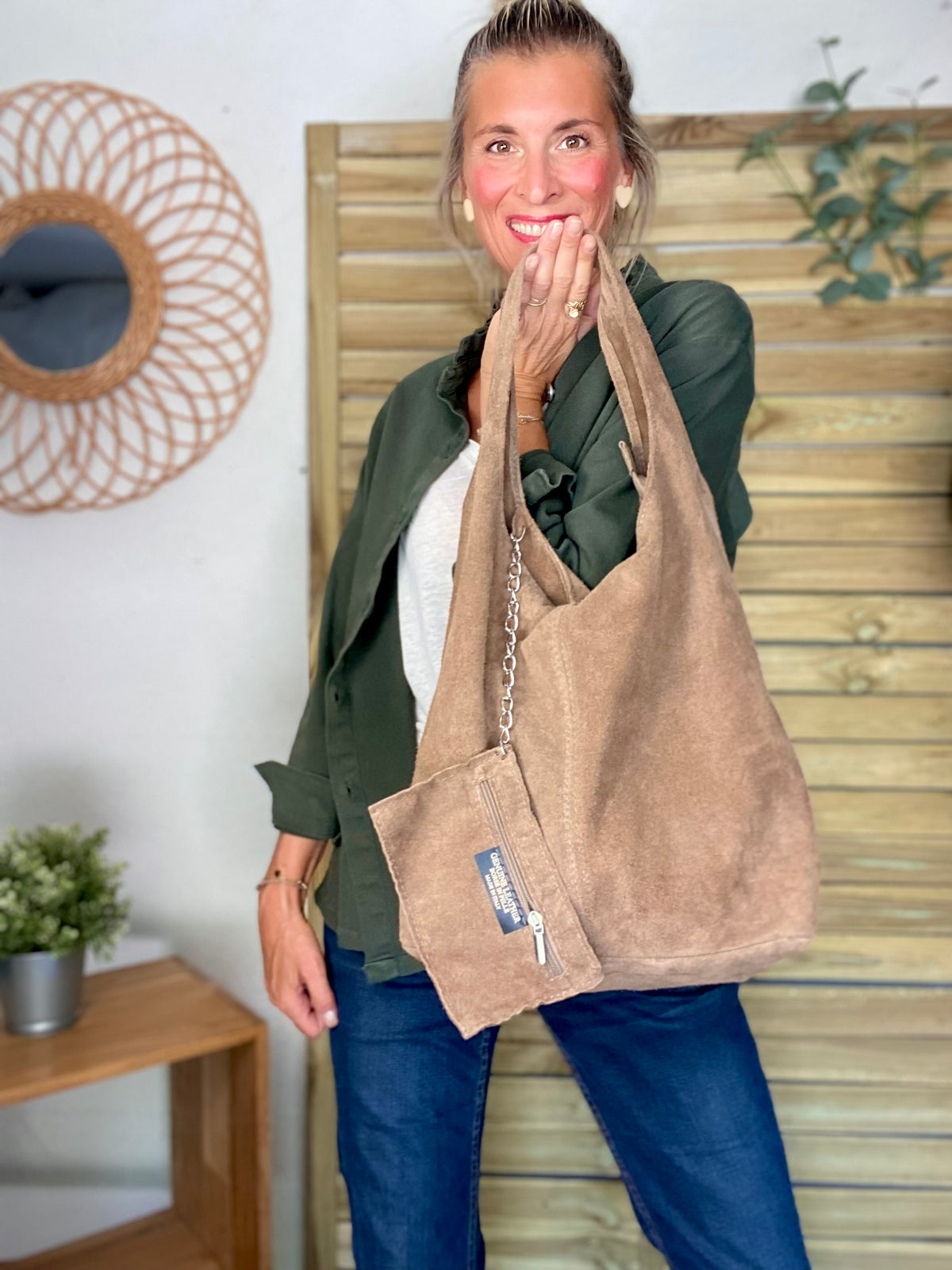 Sac cabas hobo cuir daim MARLON - Beige taupe