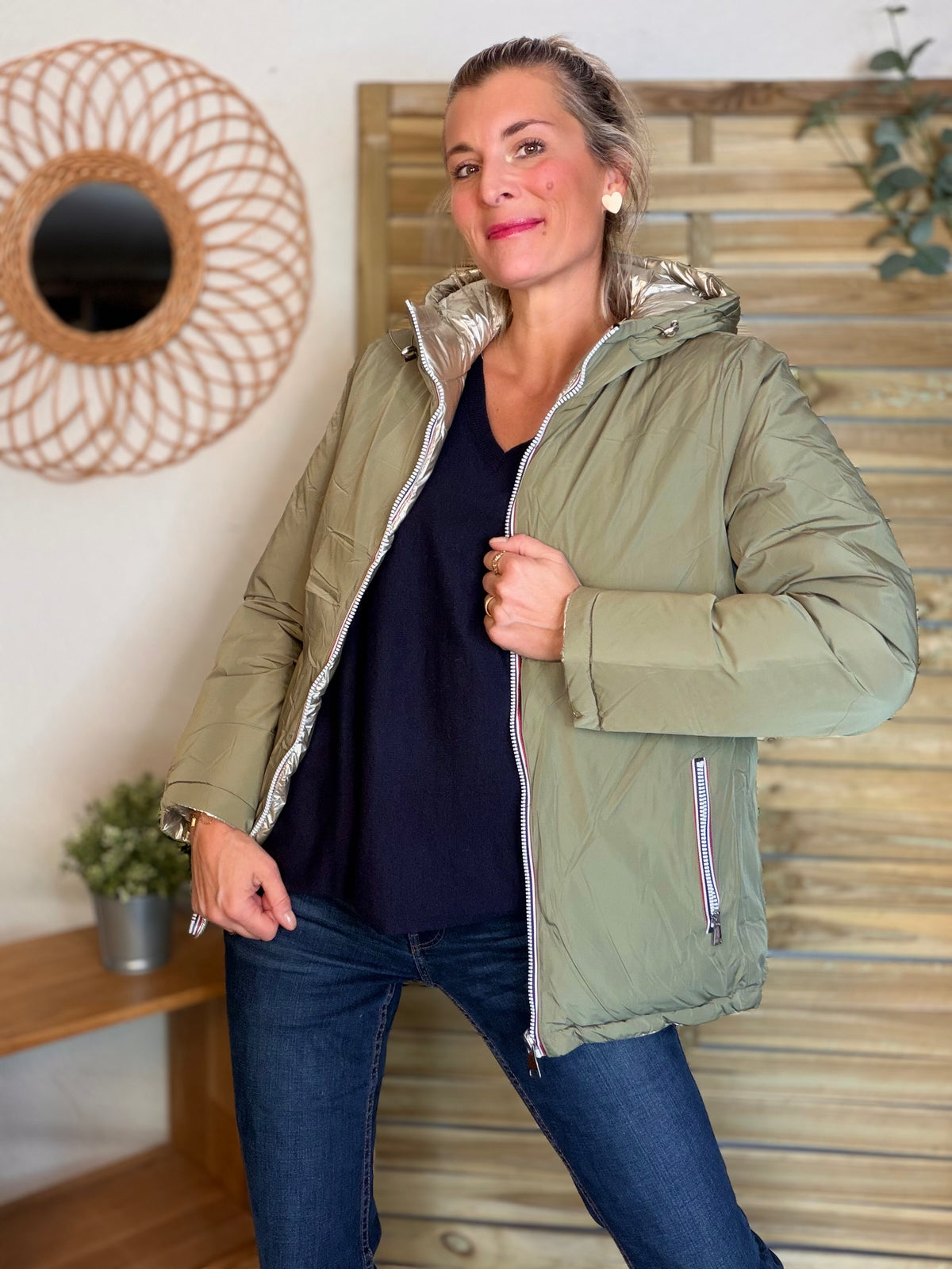 Doudoune imperméable réversible ANGÈLE COURT - Kaki clair - MELYA MELODY (DÉSTOCKAGE sur Taille S)