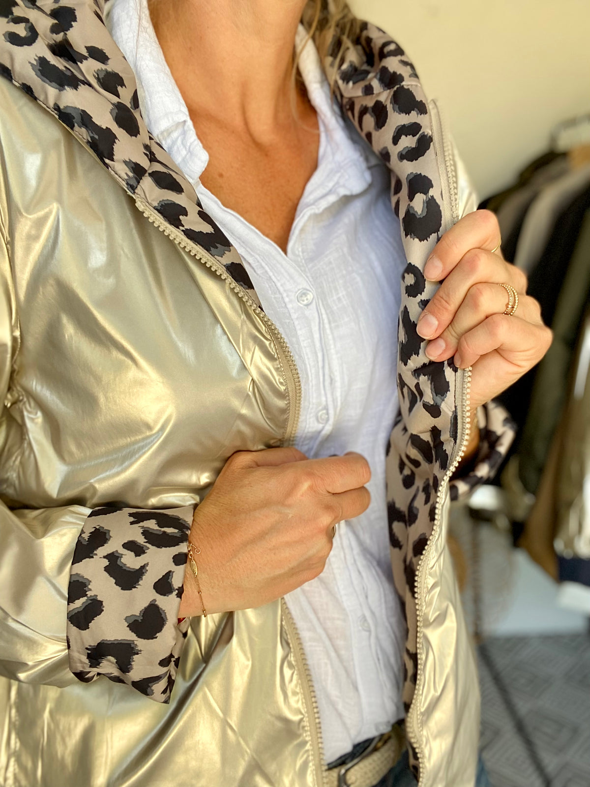 LAURA JO - Imperméable réversible rembourré LOUISON COURT - Doré / léo • DÉSTOCKAGE sur Taille XL