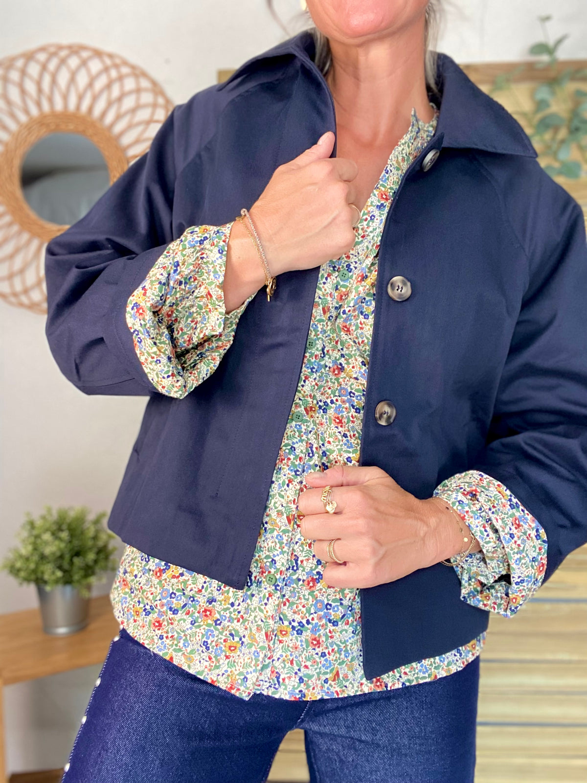 Veste Trench en coton bleu marine avec Liberty - MAHAUT- LILI et LALA