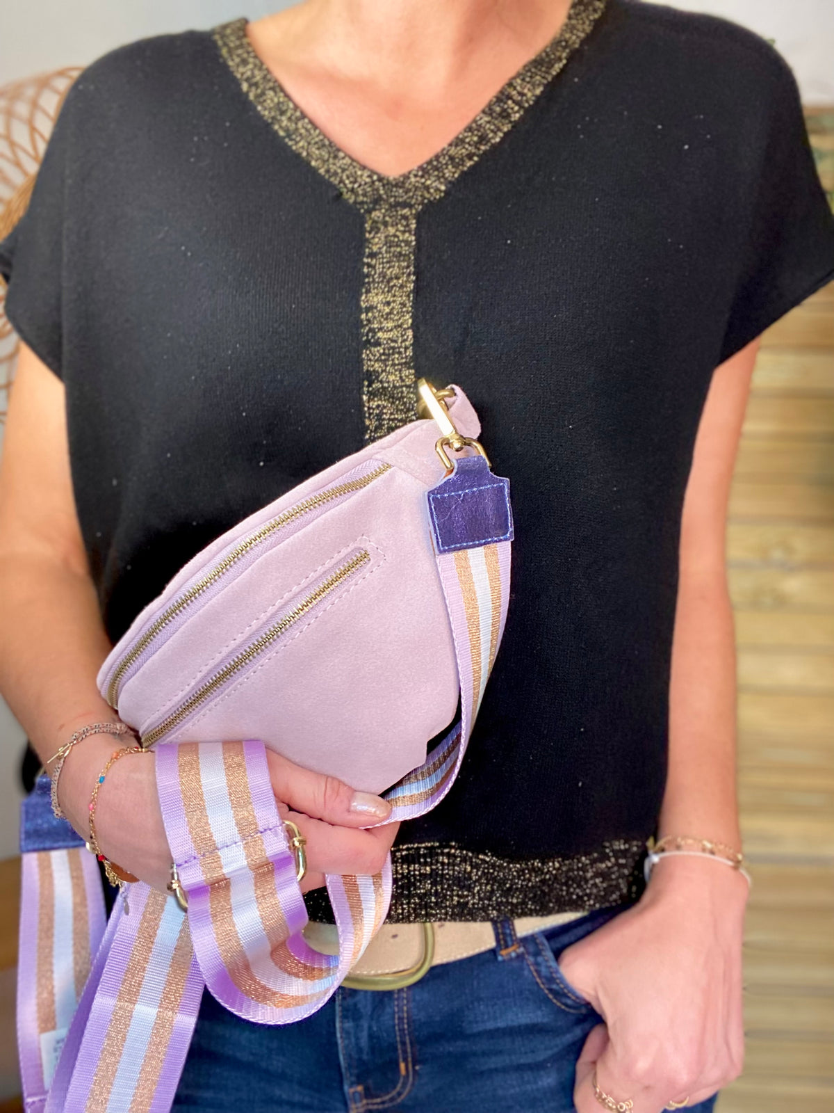 Sac banane double poche en cuir daim - OPALINE - Lilas