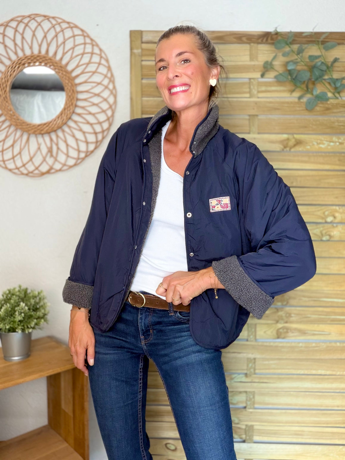 Veste matelassée réversible Sherpa AMÉLIE Bleu marine / Gris