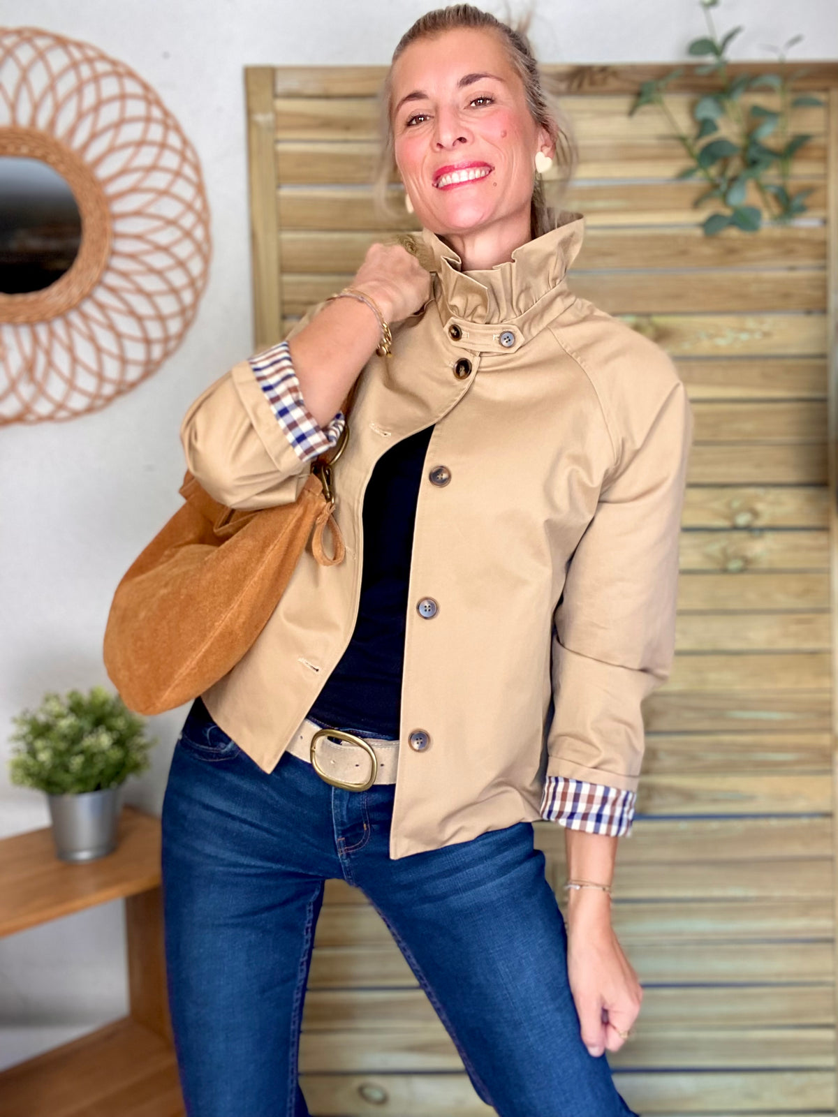 Veste Trench col victorien doublure carreaux - VICTORIA Beige Taupe
