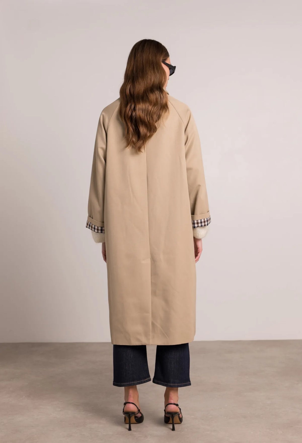 Veste Trench en coton, revers carreaux - YSEULT long Beige