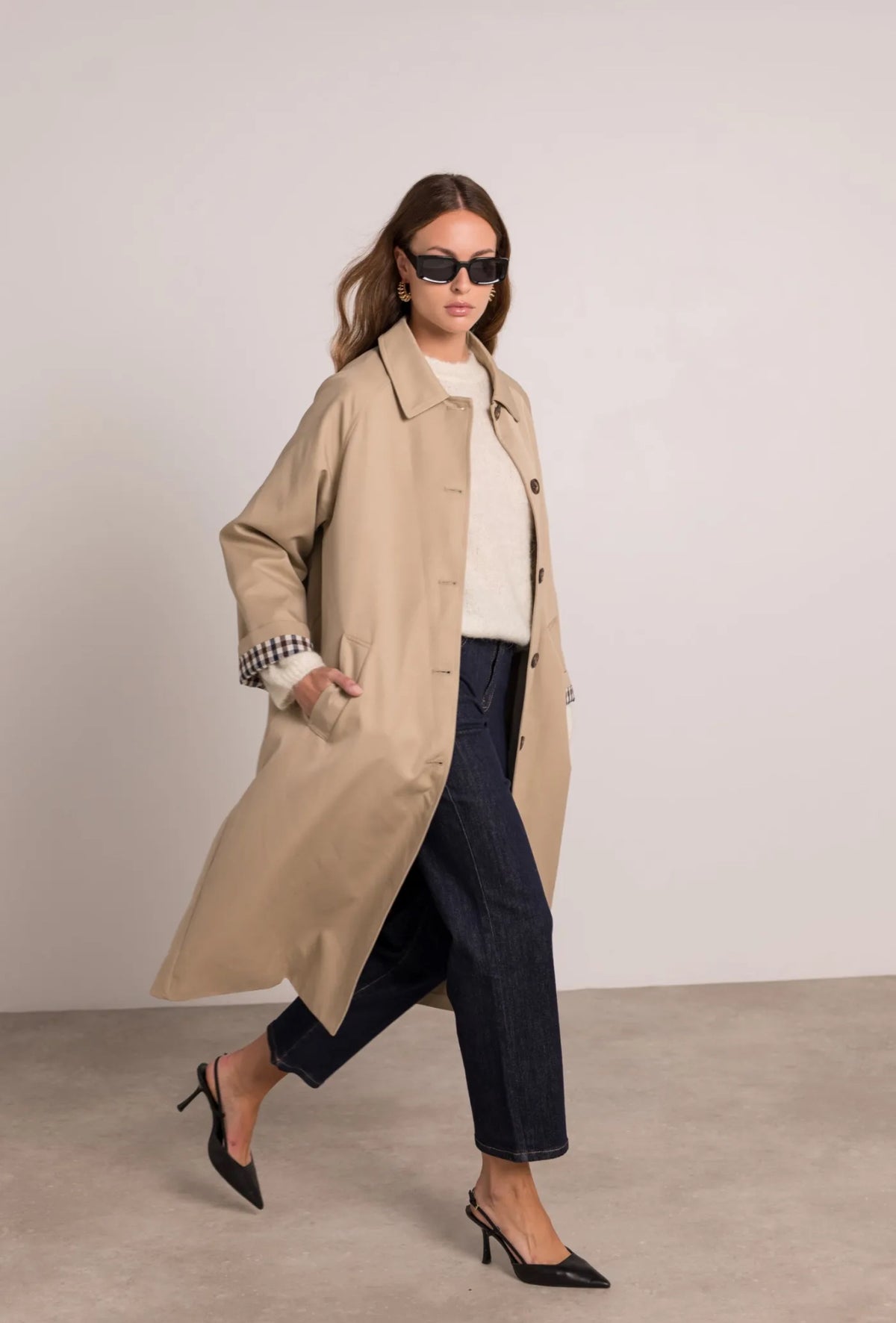 Veste Trench en coton, revers carreaux - YSEULT long Beige