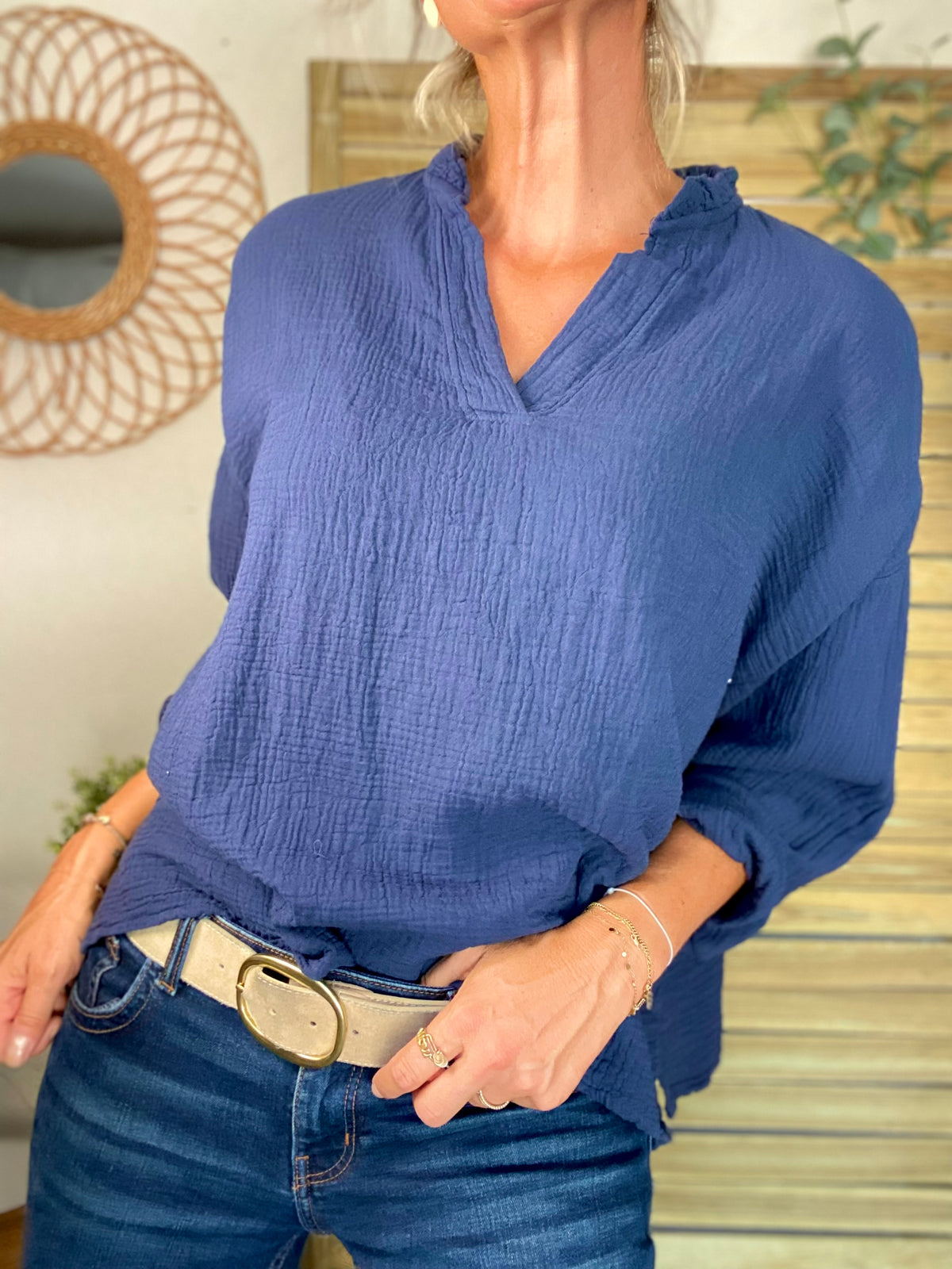 Blouse en gaze de coton SIERRA Bleu marine - manches longues • FIN DE SÉRIE