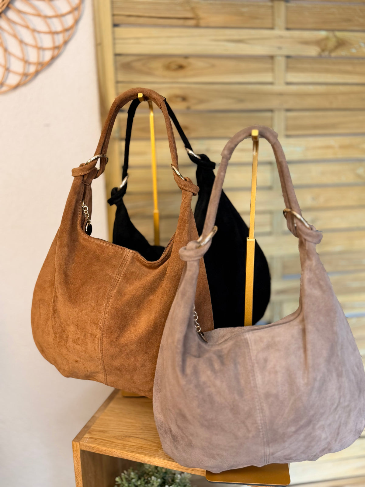 Sac besace hobo en cuir daim souple avec anneaux WILLIAM - Camel