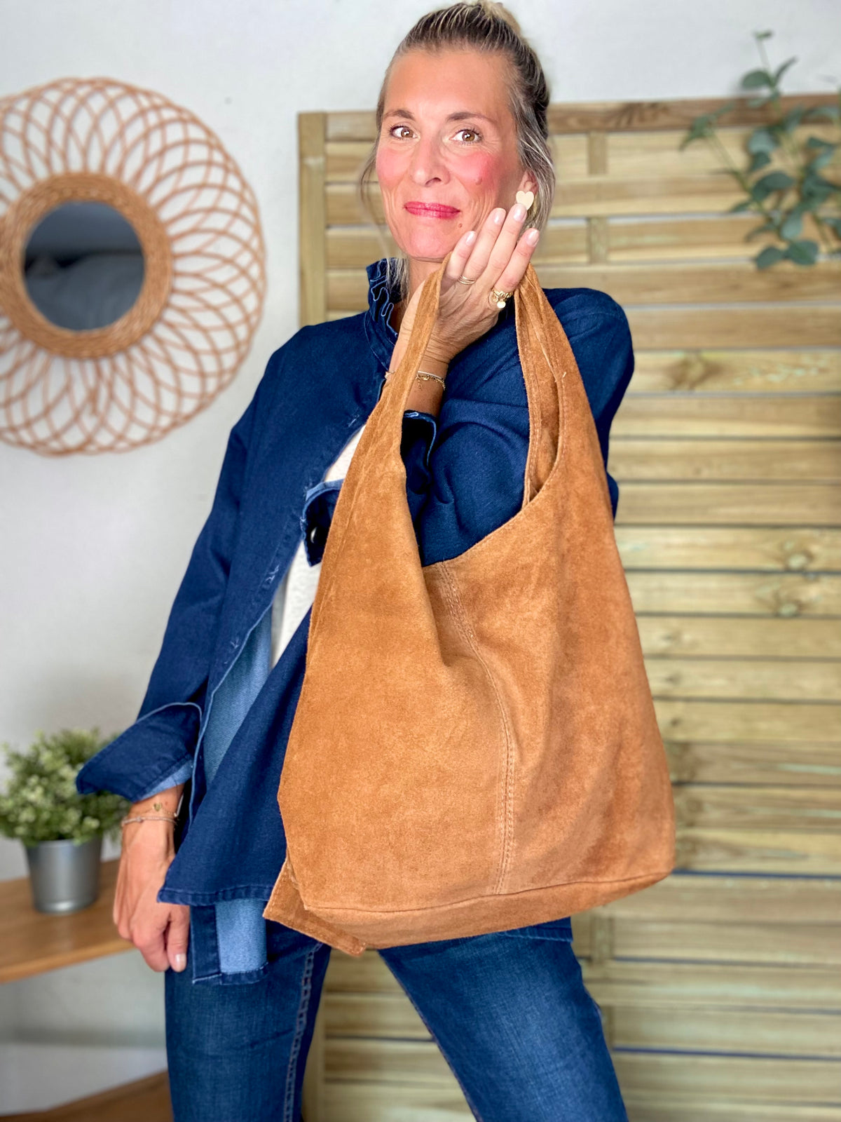 Sac cabas hobo cuir daim MARLON - Camel