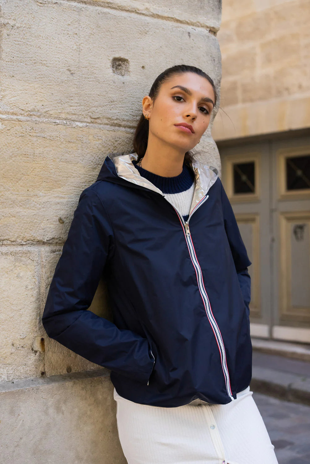 LAURA JO - Imperméable réversible GARANCE COURT léger - Marine/Doré • DÉSTOCKAGE sur Taille XL