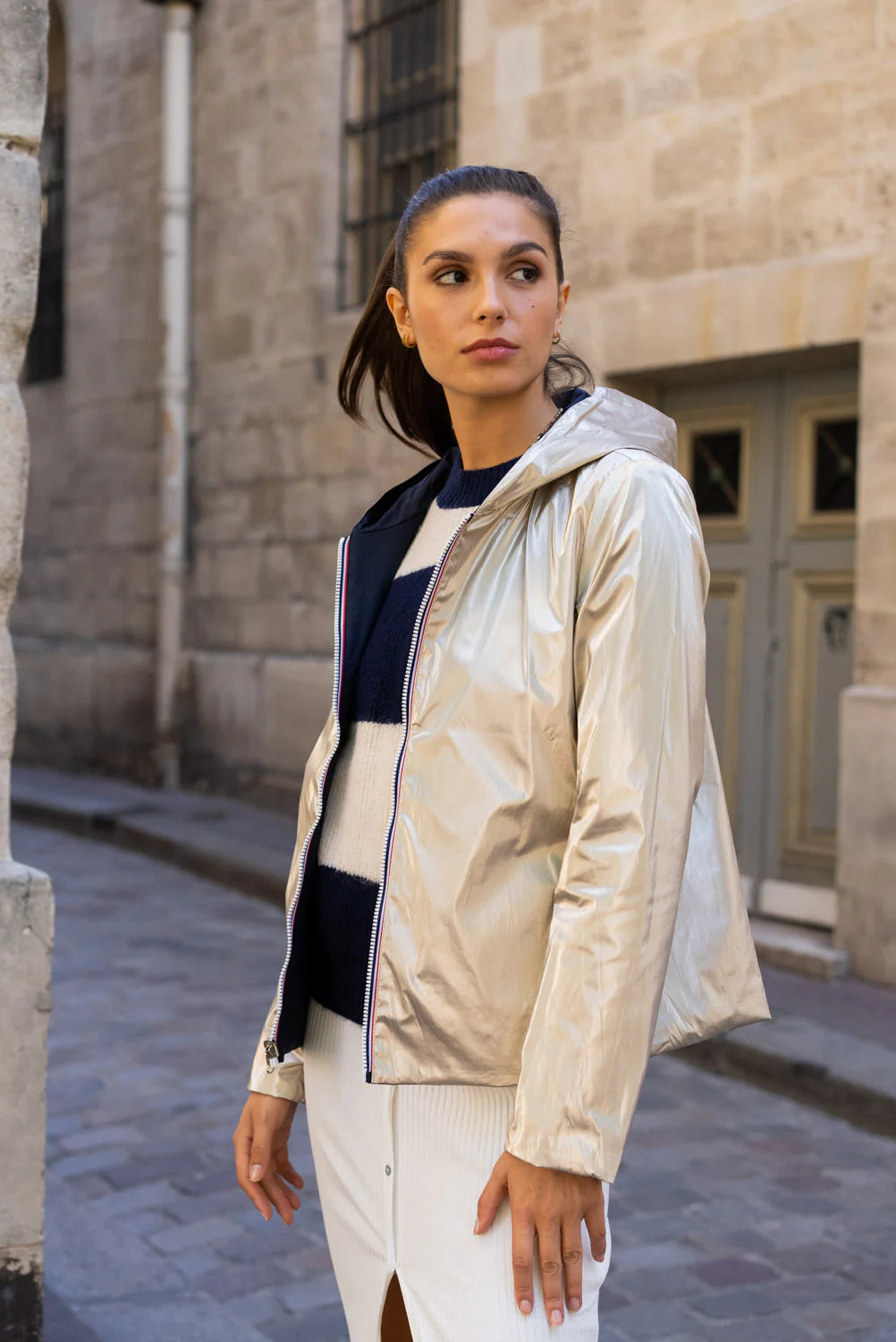 LAURA JO - Imperméable réversible GARANCE COURT léger - Marine/Doré • DÉSTOCKAGE sur Taille XL
