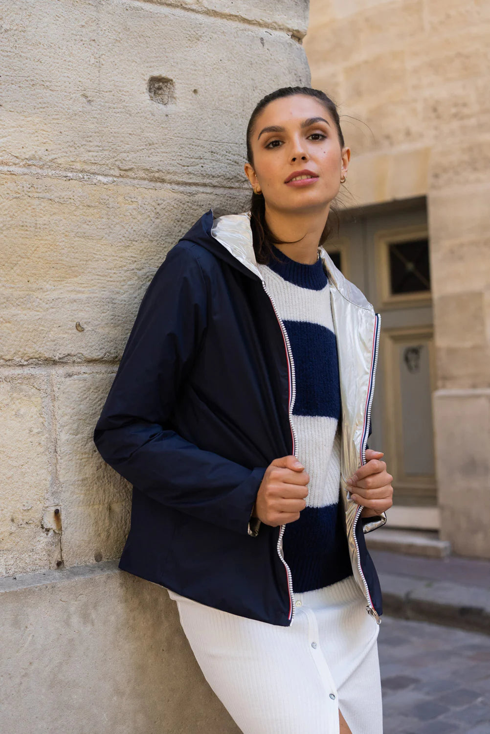 LAURA JO - Imperméable réversible GARANCE COURT léger - Marine/Doré • DÉSTOCKAGE sur Taille XL