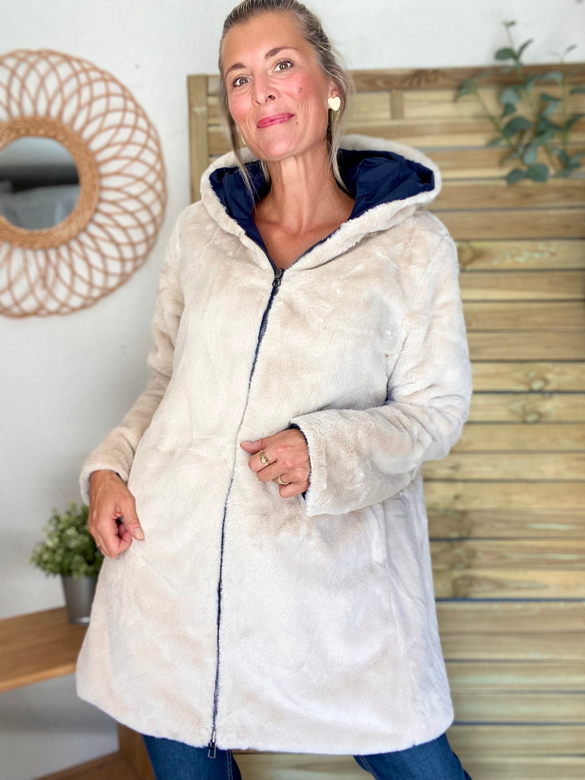 LAURA JO - Parka Imperméable réversible fourrée Bleu marine / Beige ALIX Long