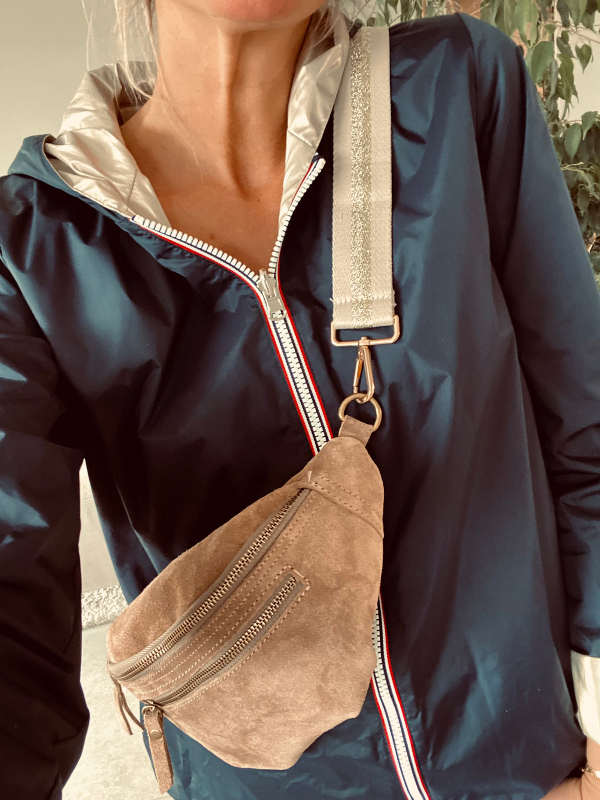 Sac banane double poche en cuir daim - OPALINE - Taupe