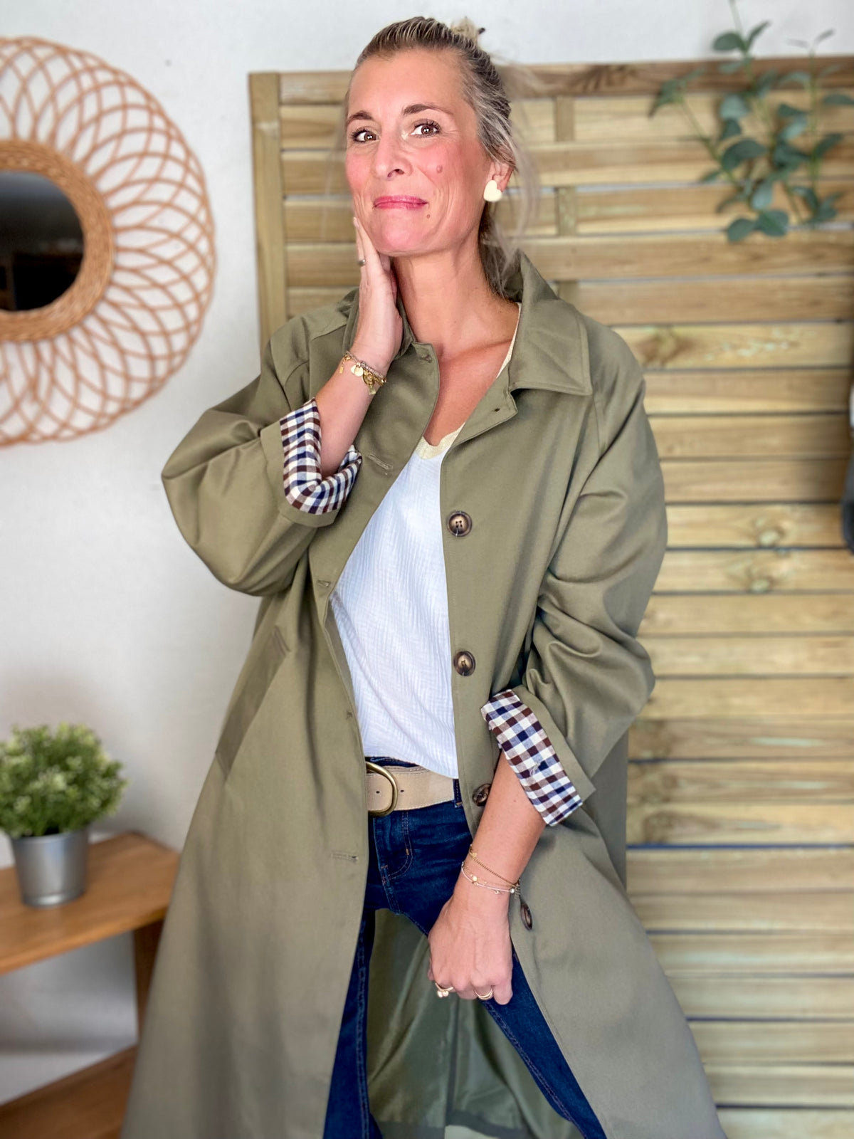 Veste Trench en coton, revers carreaux - YSEULT long Kaki