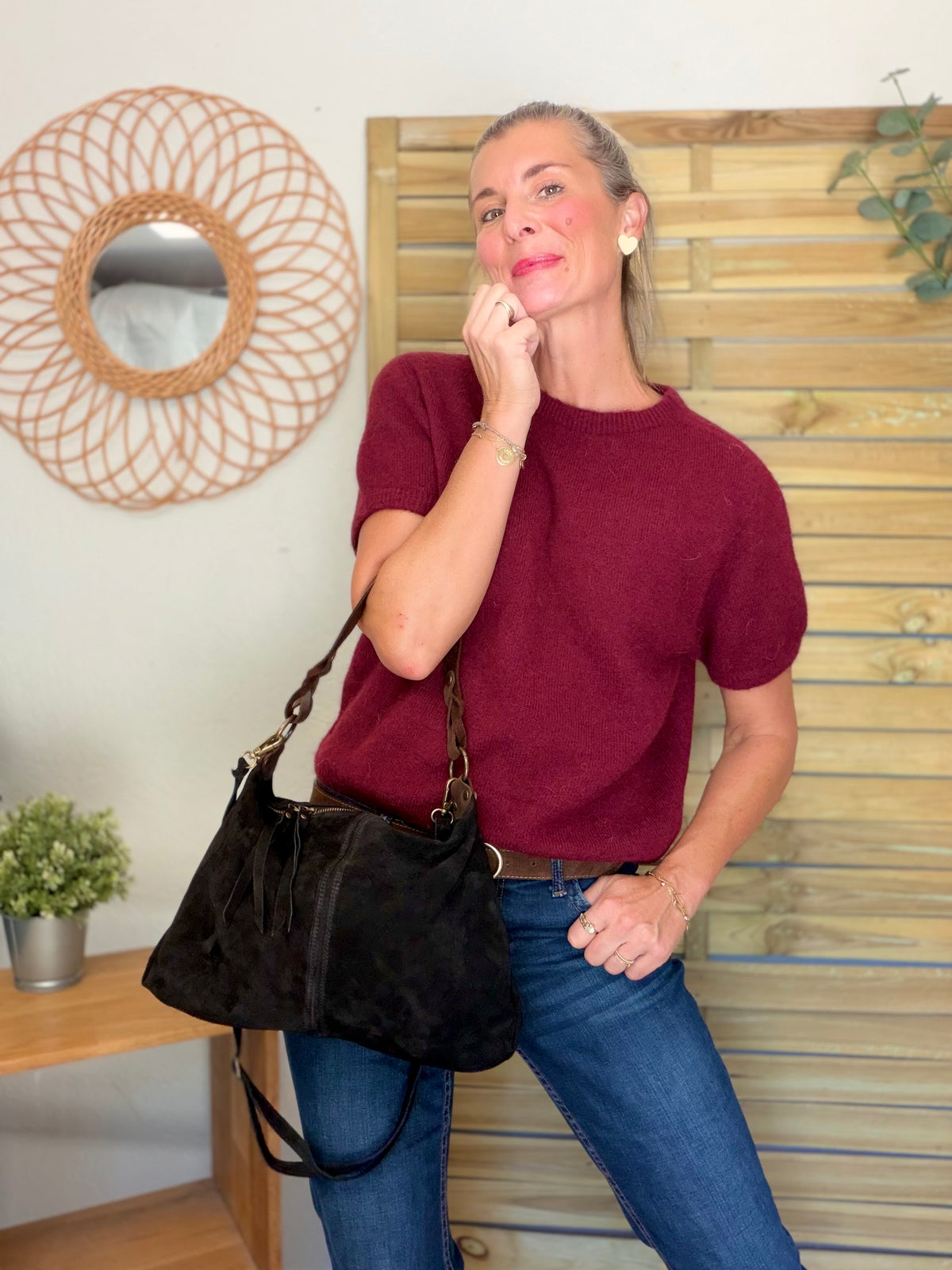 Sac hobo en cuir daim souple, double bandoulière ANDREW Noir