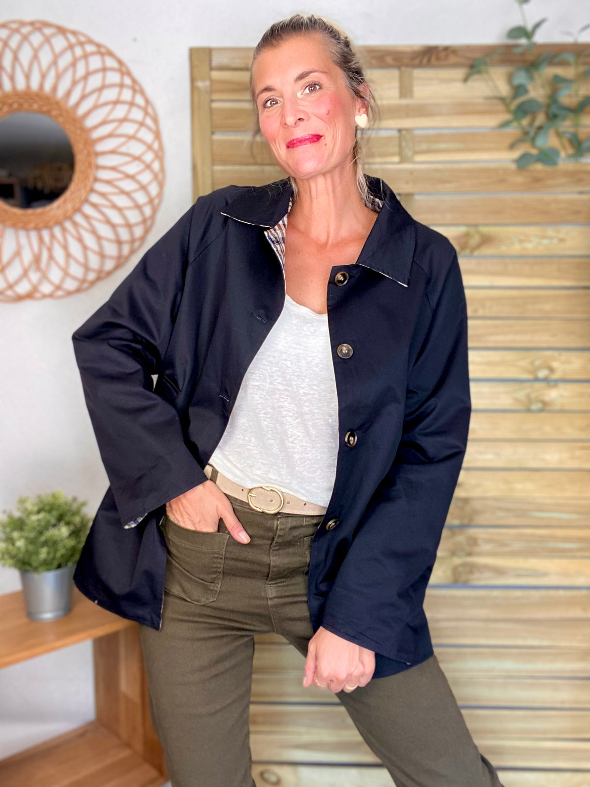Veste Trench mi long réversible vichy LENA Noir - FIN DE SÉRIE