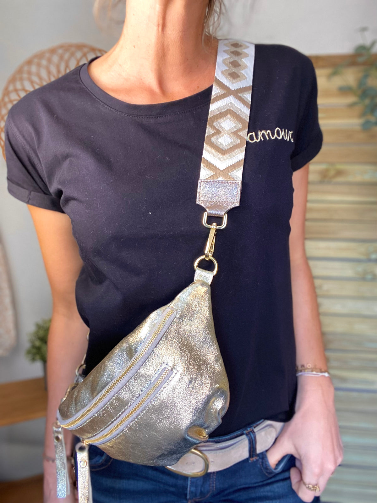 Sangle / Bandoulière en cuir irisé pour sacs / bananes - RACHEL (Losanges horizontaux)