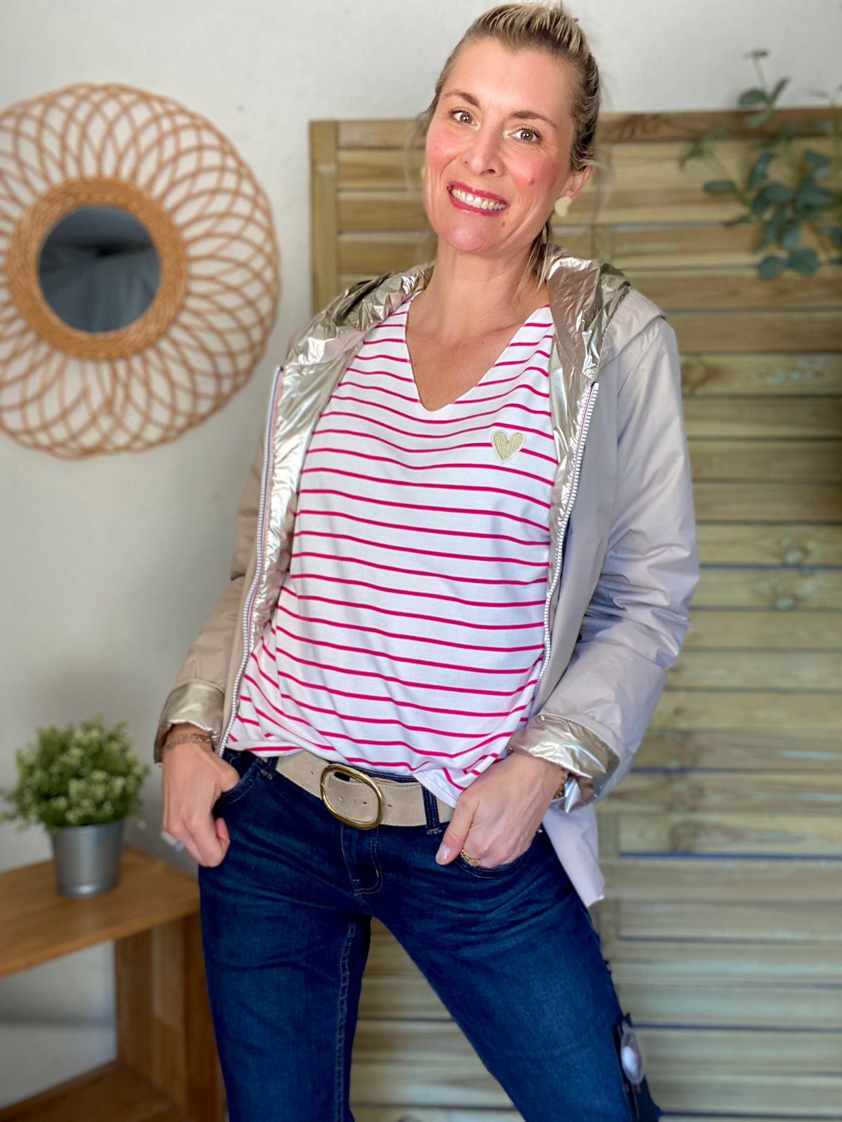 Pull fin rayé col V avec ou sans coeur doré 💛 NOLWENN - Rose fuschia