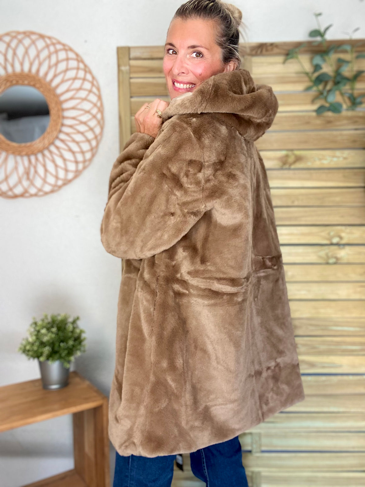 LAURA JO - Parka Imperméable réversible fourrée Sable irisé / Camel ALIX Long