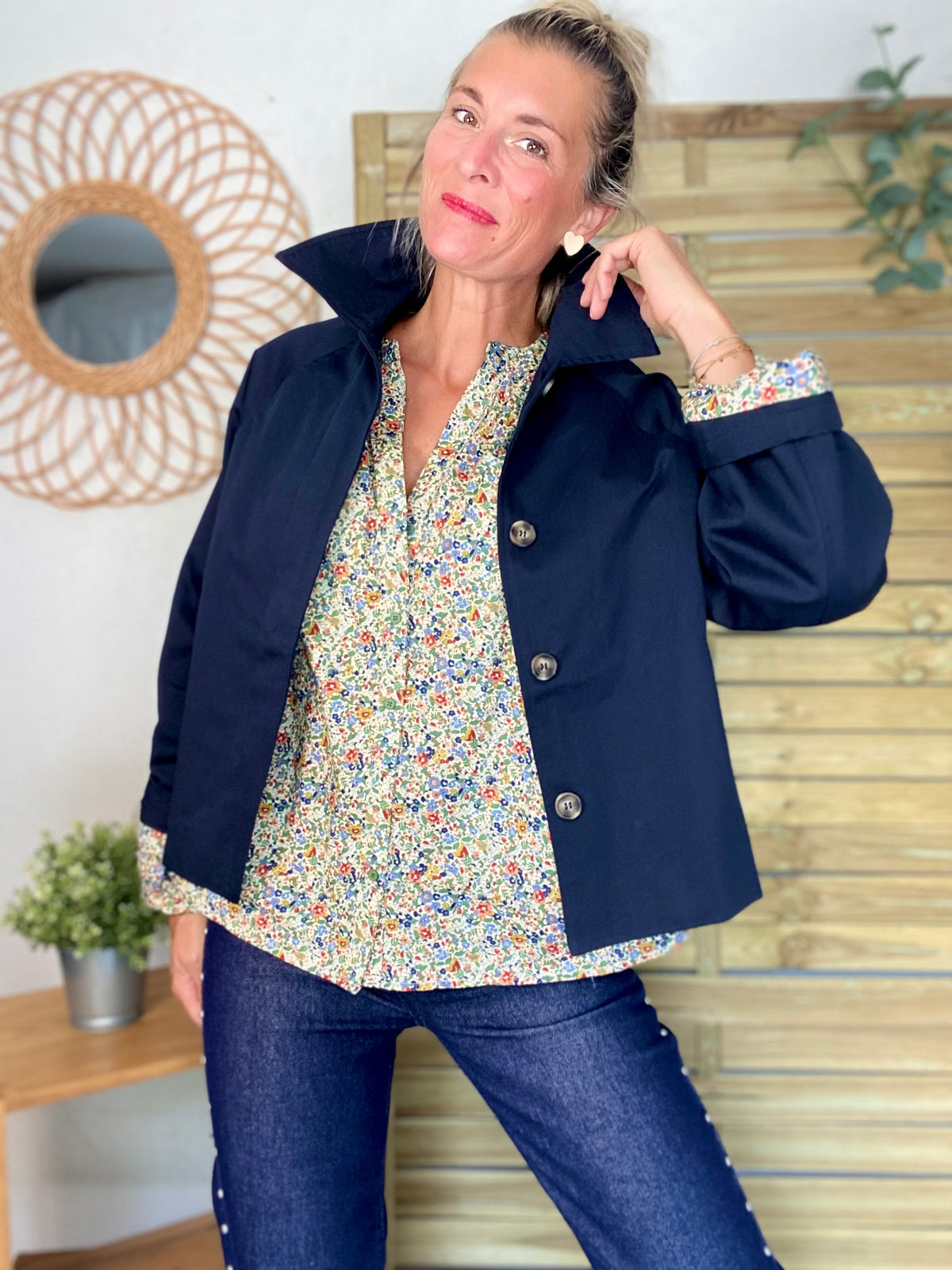 Veste Trench en coton bleu marine avec Liberty - MAHAUT- LILI et LALA