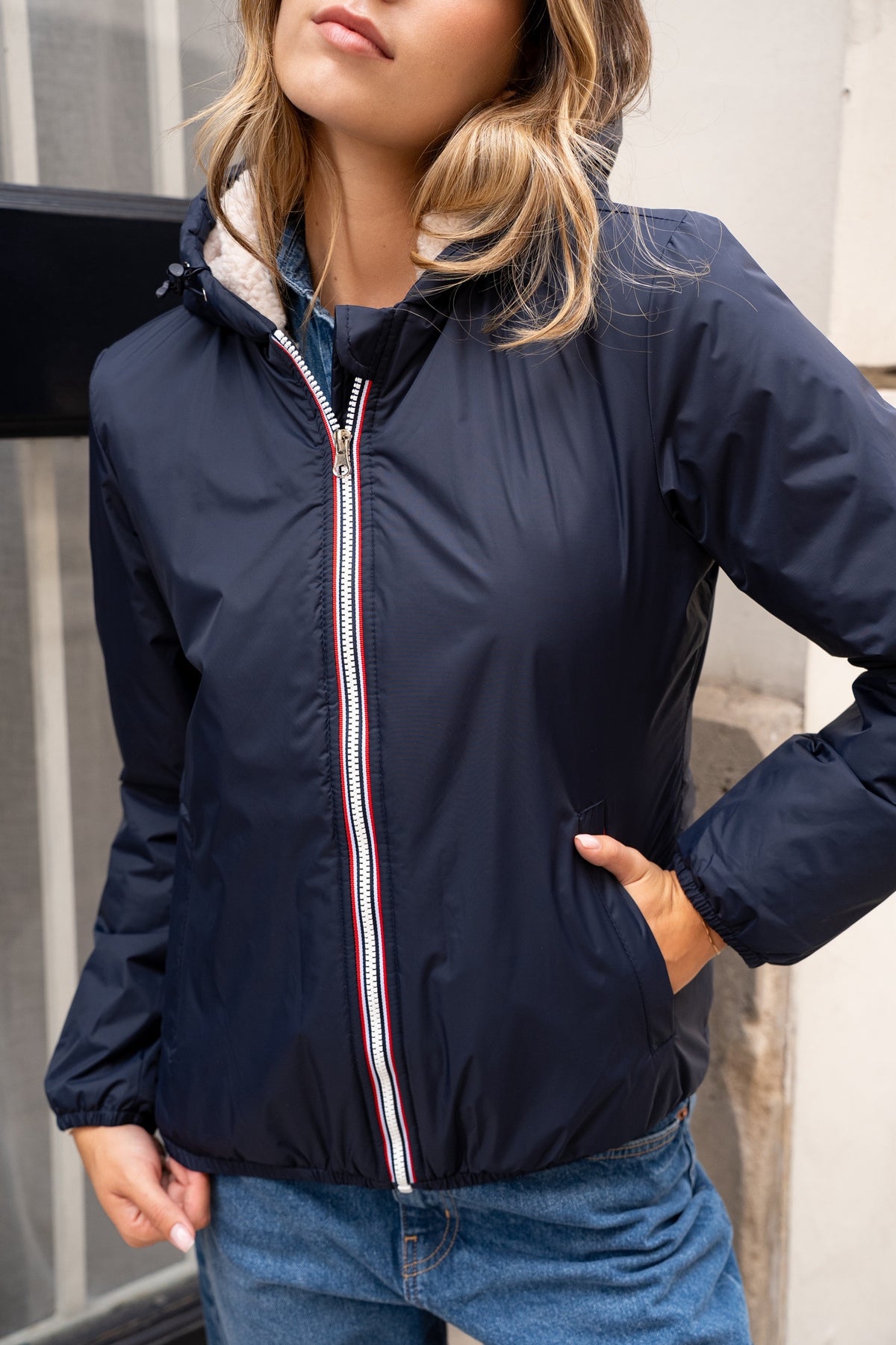 LAURA JO - Parka Imperméable LOUISE COURT sherpa - Bleu marine • DÉSTOCKAGE Taille L