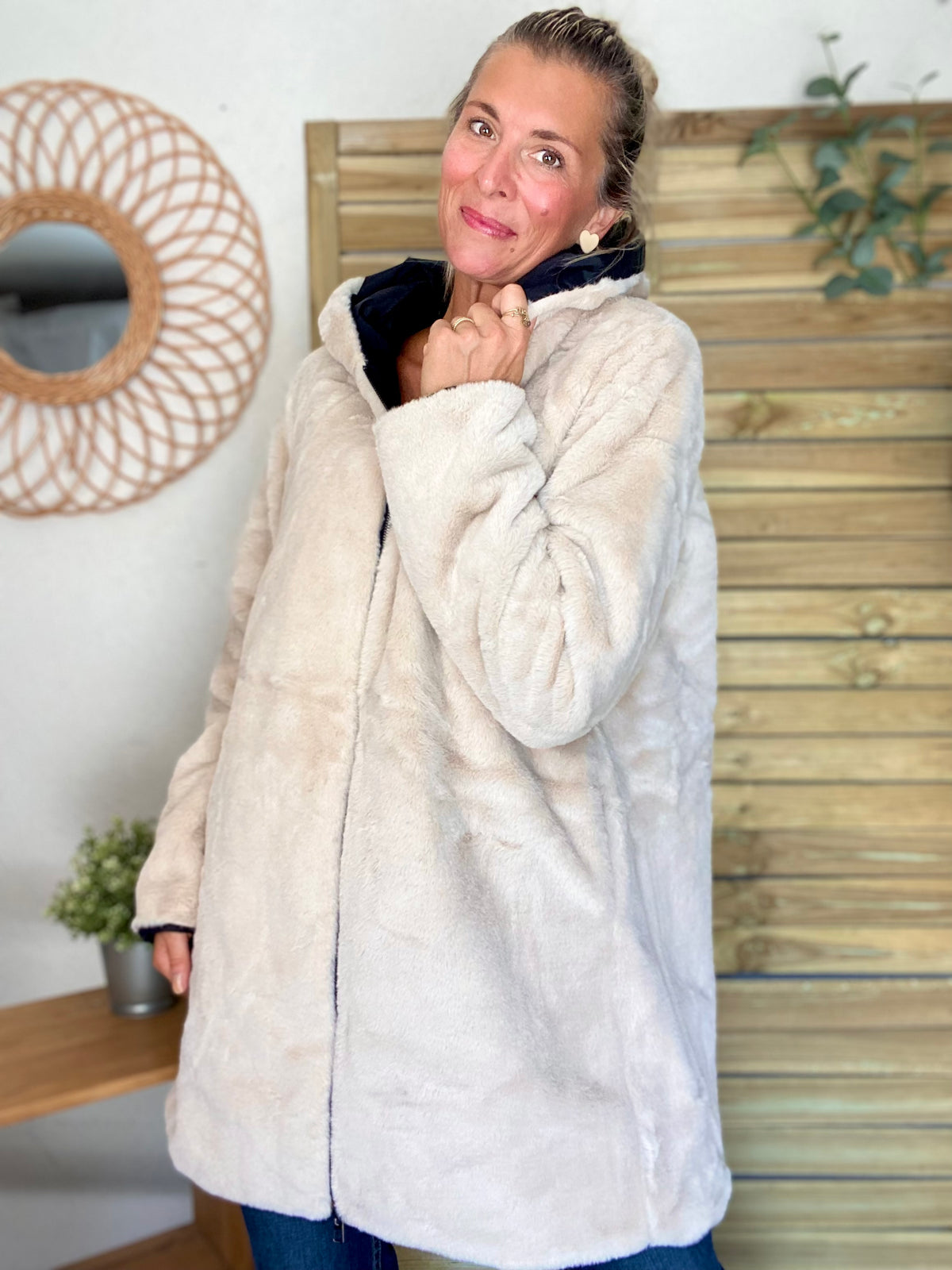 LAURA JO - Parka Imperméable réversible fourrée Noir / Beige ALIX long