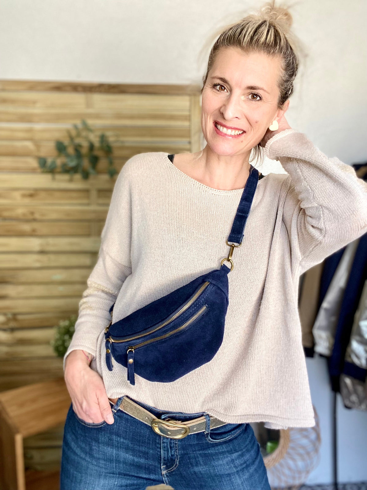 Sac banane double poche en cuir daim - OPALINE - Bleu nuit