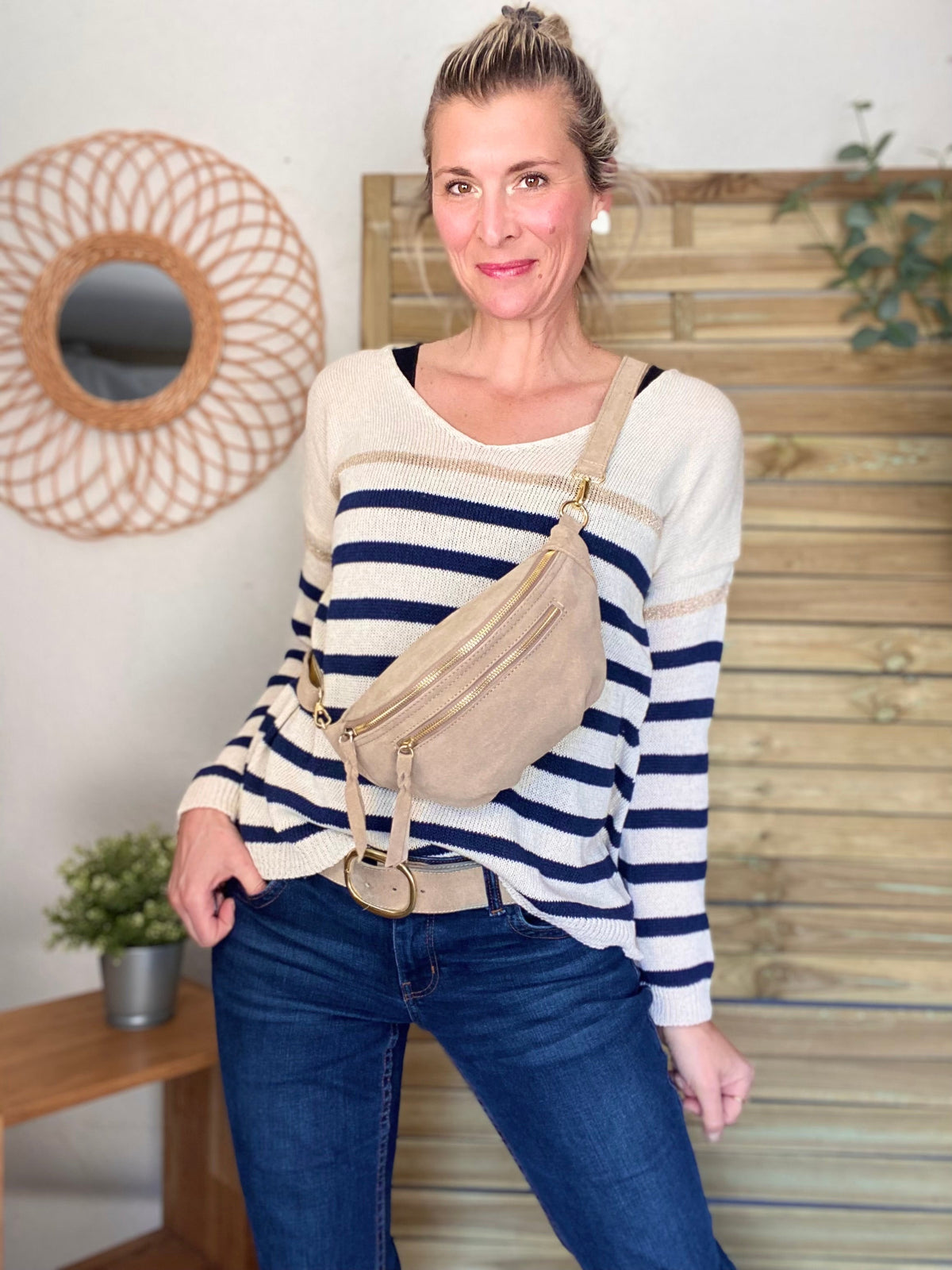 Sac banane double poche en cuir daim - OPALINE - Beige