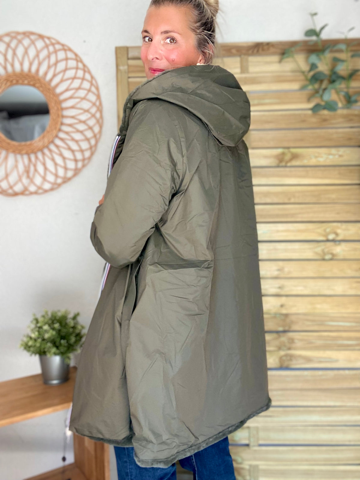 LAURA JO - Parka Imperméable réversible fourrée Kaki / Kaki ALIX Long • DÉSTOCKAGE sur Taille S