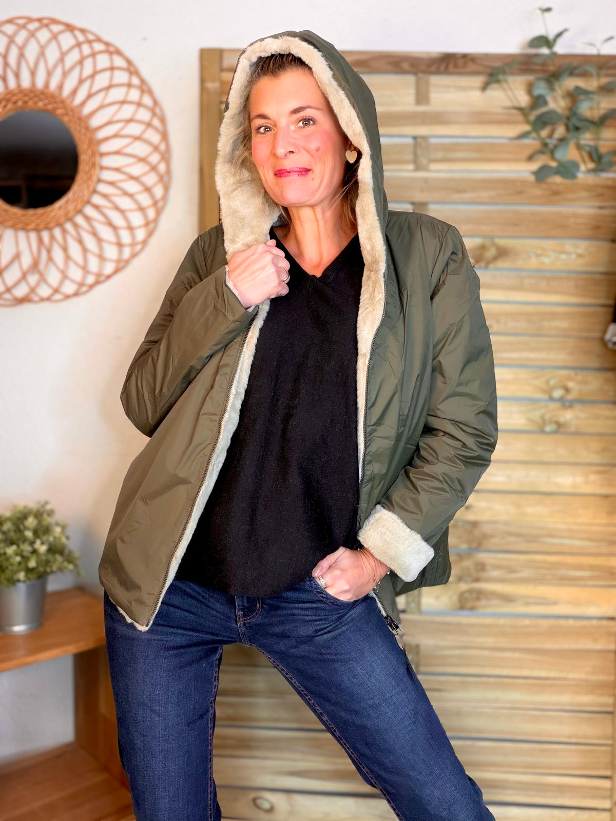 LAURA JO - Parka Imperméable réversible fourrée Kaki / Beige ALIX Court