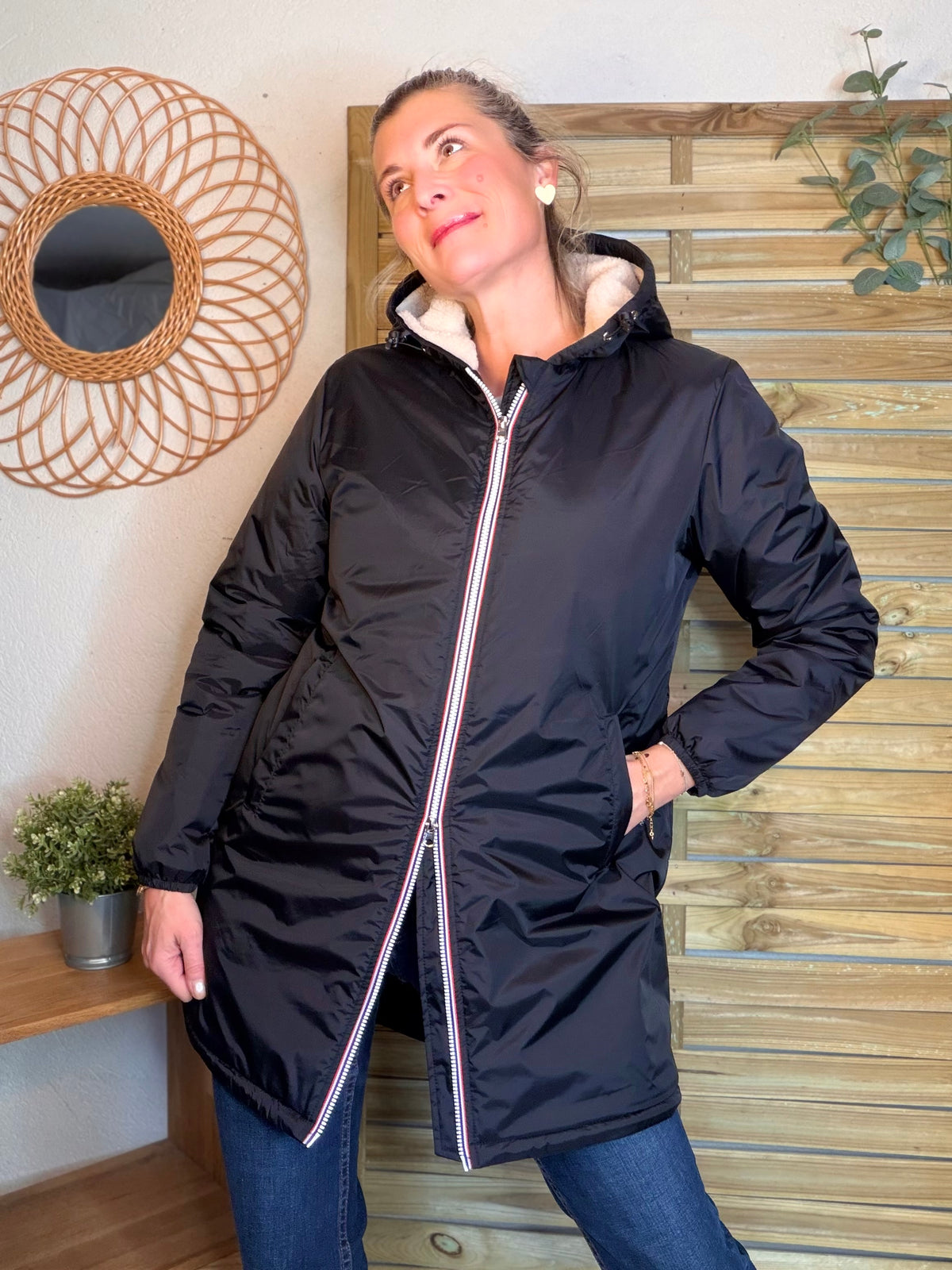 LAURA JO - Parka Imperméable LOUISE LONG Sherpa écru - Noir • DÉSTOCKAGE sur Taille L