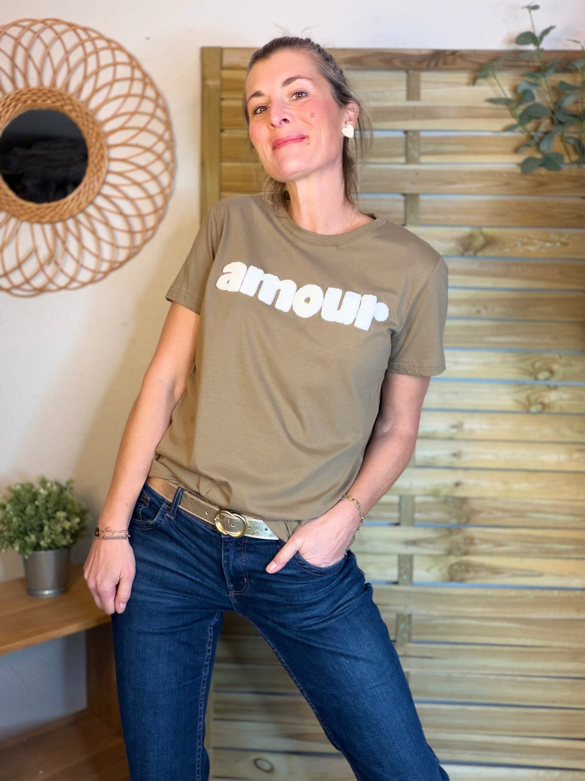 Tee shirt amour MAÏA Kaki/Blanc - FIN DE SÉRIE