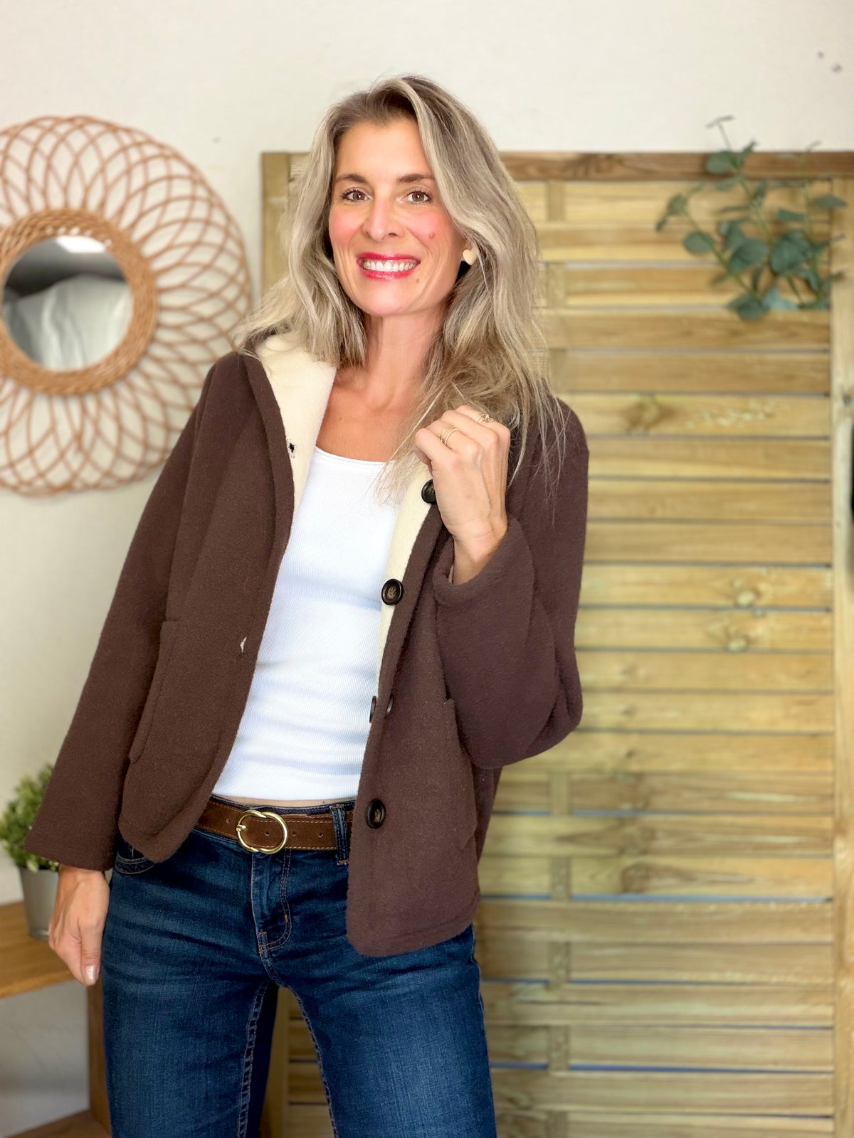 Veste / Gilet chaud réversible avec capuche ORIANE Choco / Beige