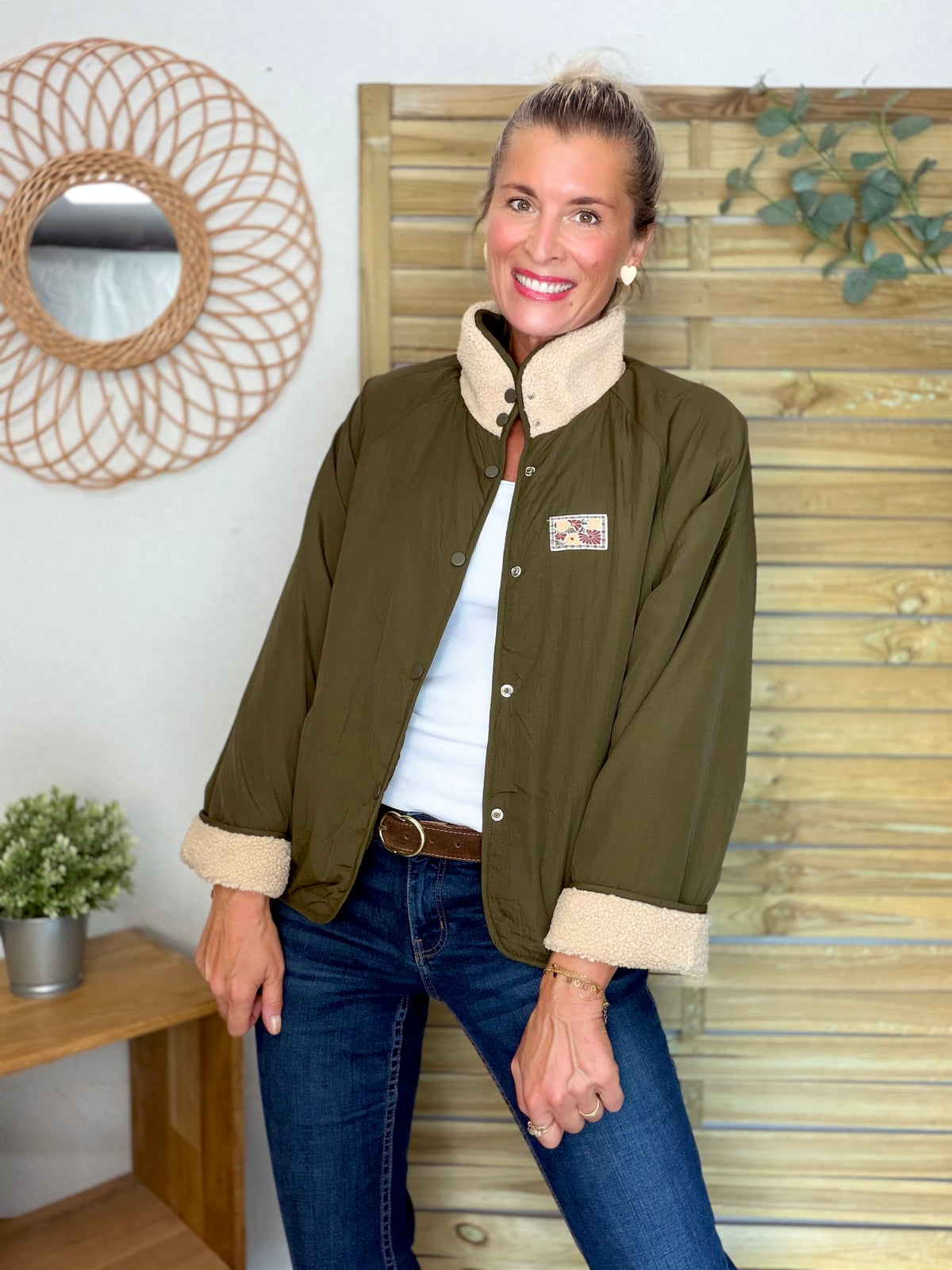 Veste matelassée réversible Sherpa AMÉLIE Kaki / Beige