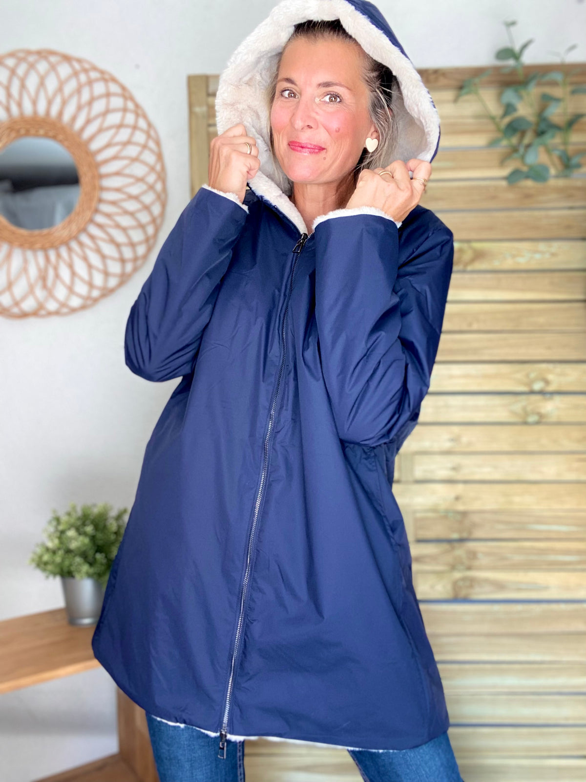 LAURA JO - Parka Imperméable réversible fourrée Bleu marine / Beige ALIX Long
