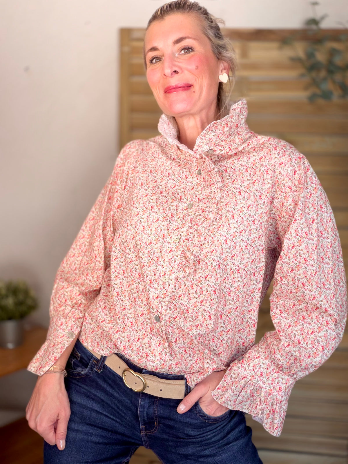 Chemise imprimée Liberty col volanté HÉLOÏSE - Rouge rosé - FIN DE SÉRIE