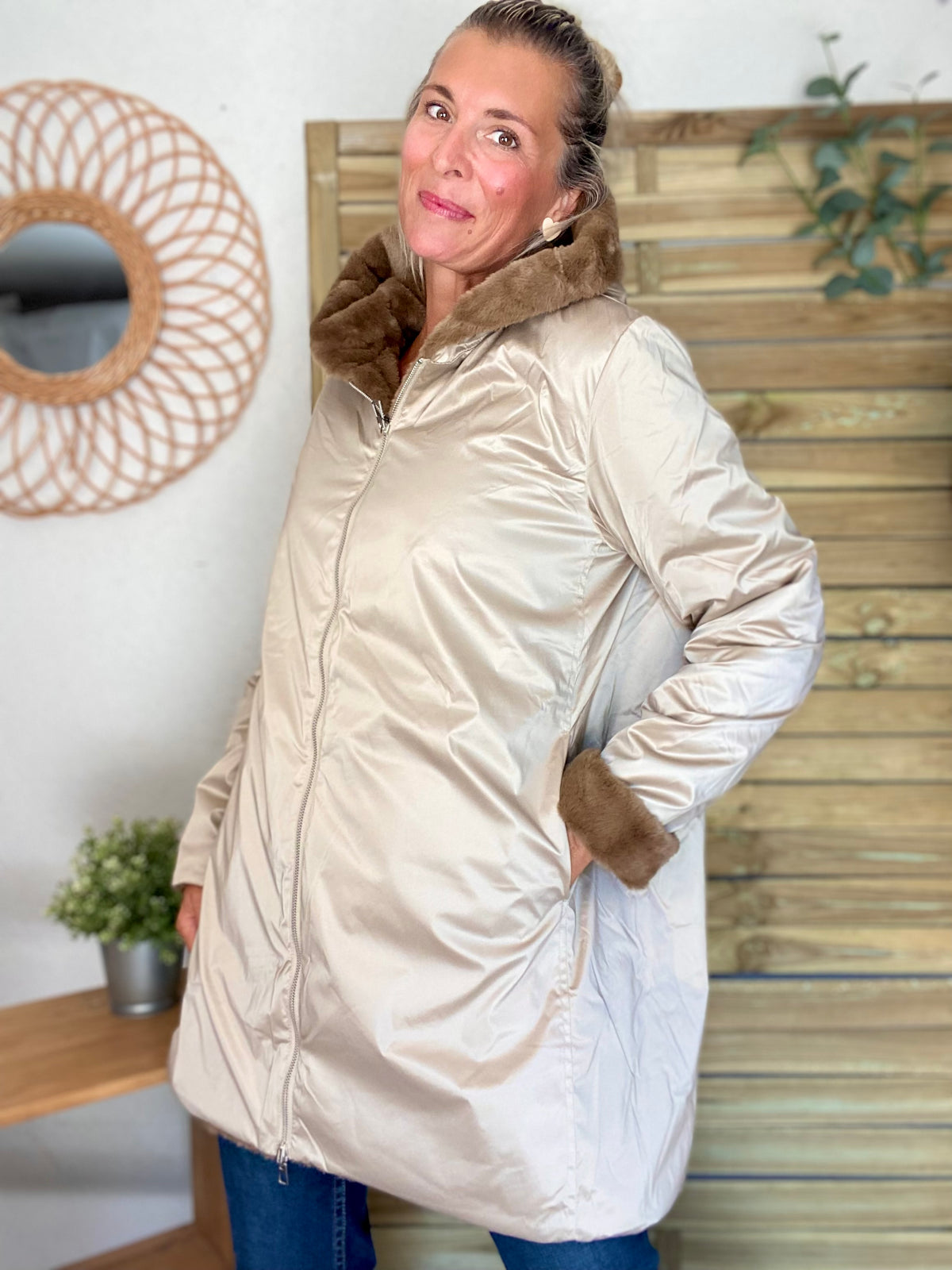 LAURA JO - Parka Imperméable réversible fourrée Sable irisé / Camel ALIX Long