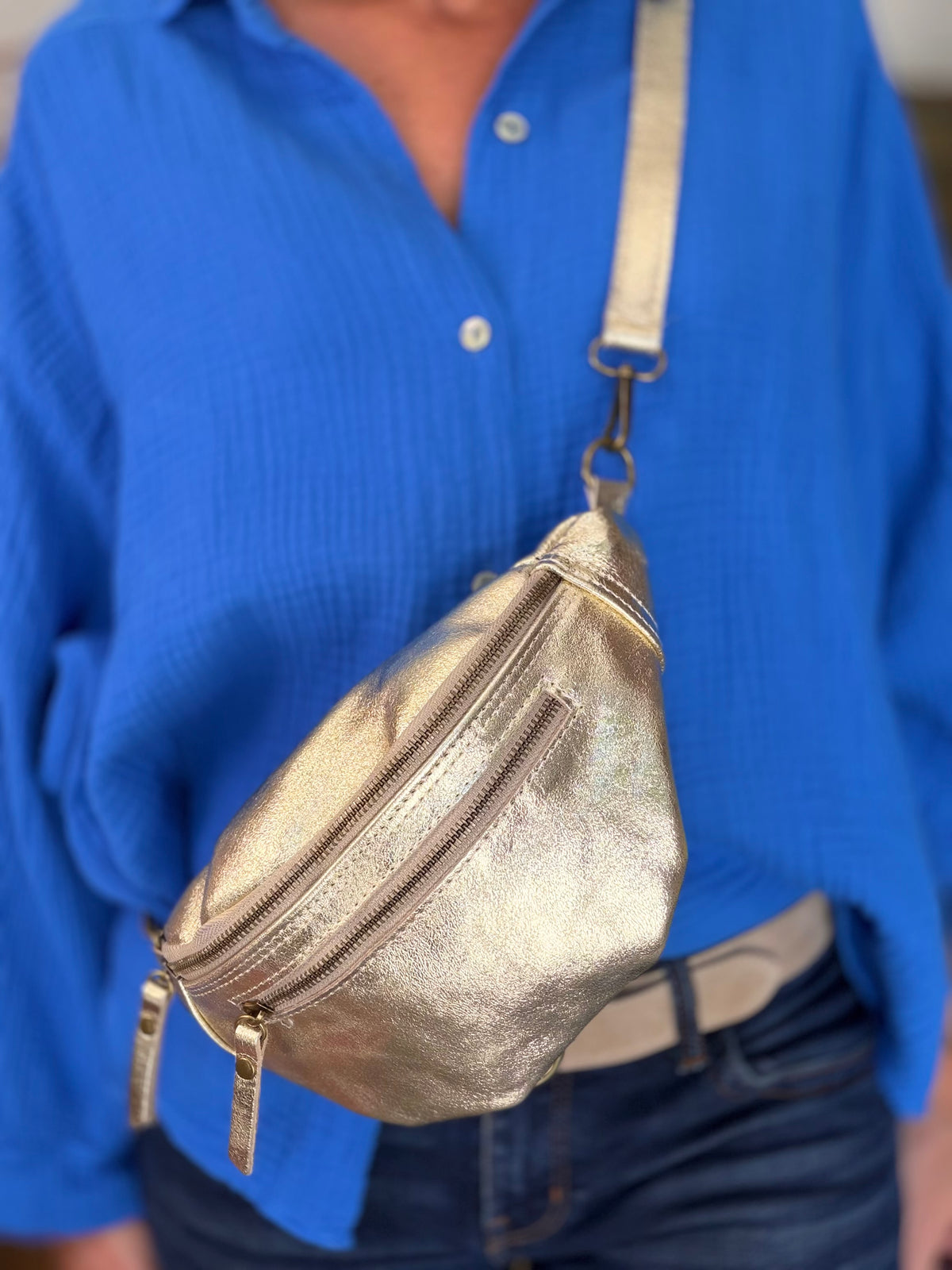 Sac banane en cuir irisé double poche - OPALE - Doré / Laiton
