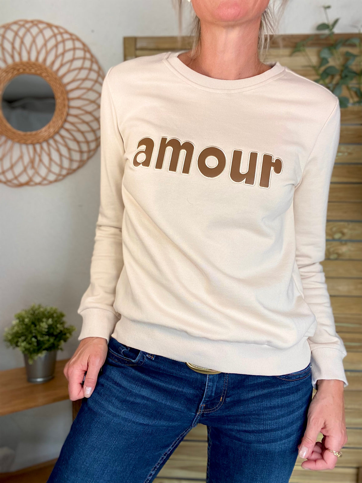 Sweat amour en coton GABRIELLE - Beige et Taupe - FIN DE SÉRIE
