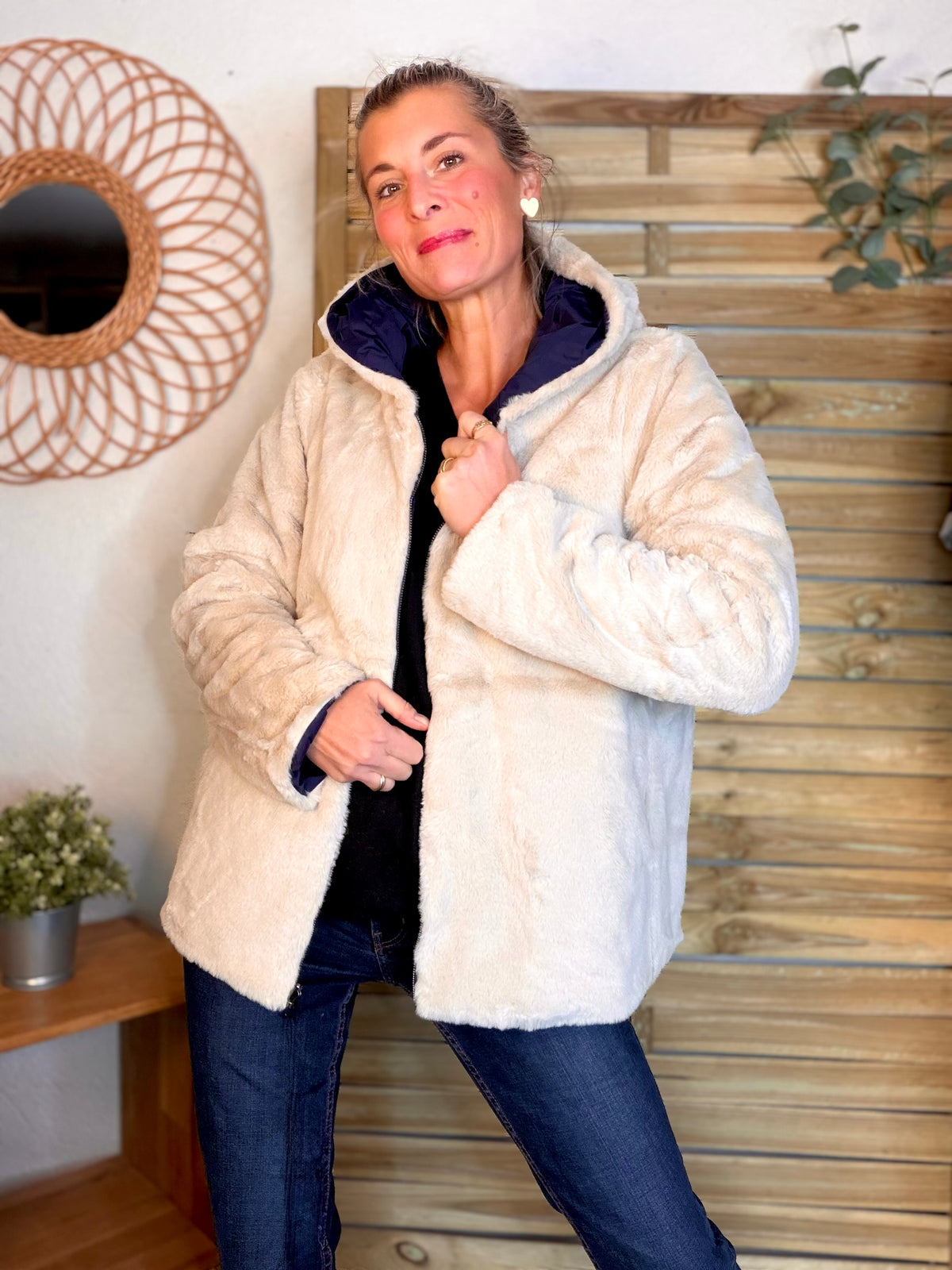 LAURA JO - Parka Imperméable réversible fourrée Marine / Beige ALIX Court • DÉSTOCKAGE