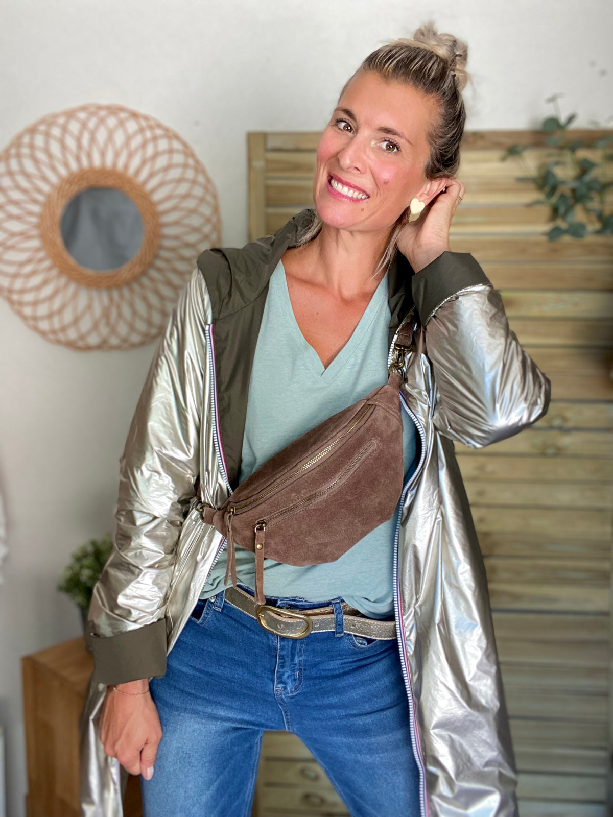 Sac banane double poche en cuir daim - OPALINE - Taupe
