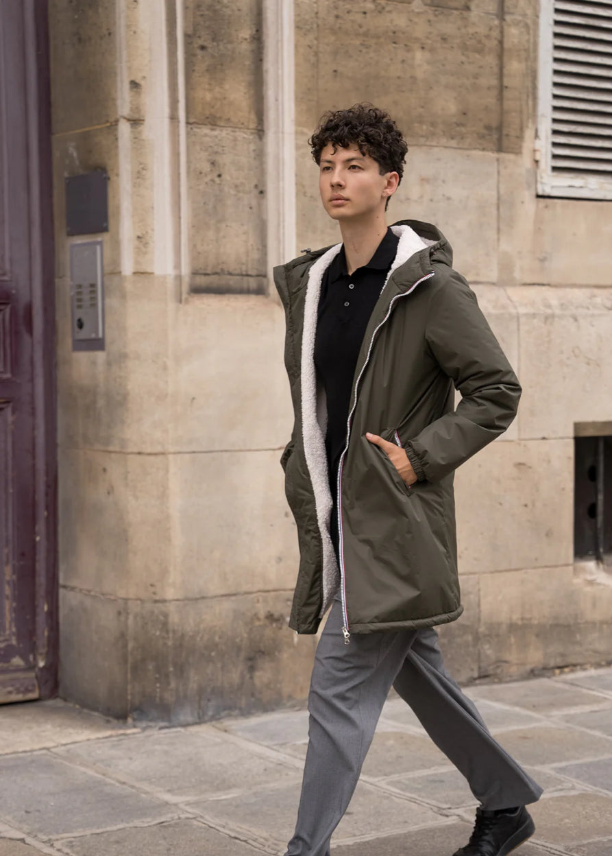 LAURA JO - Parka Imperméable Homme LOUIS* LONG Kaki / sherpa écru • DÉSTOCKAGE sur Taille S