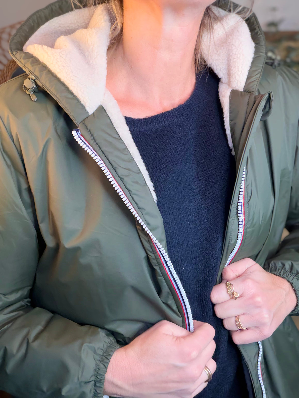 LAURA JO - Parka Imperméable LOUISE LONG Sherpa écru - Kaki • DÉSTOCKAGE sur taille S