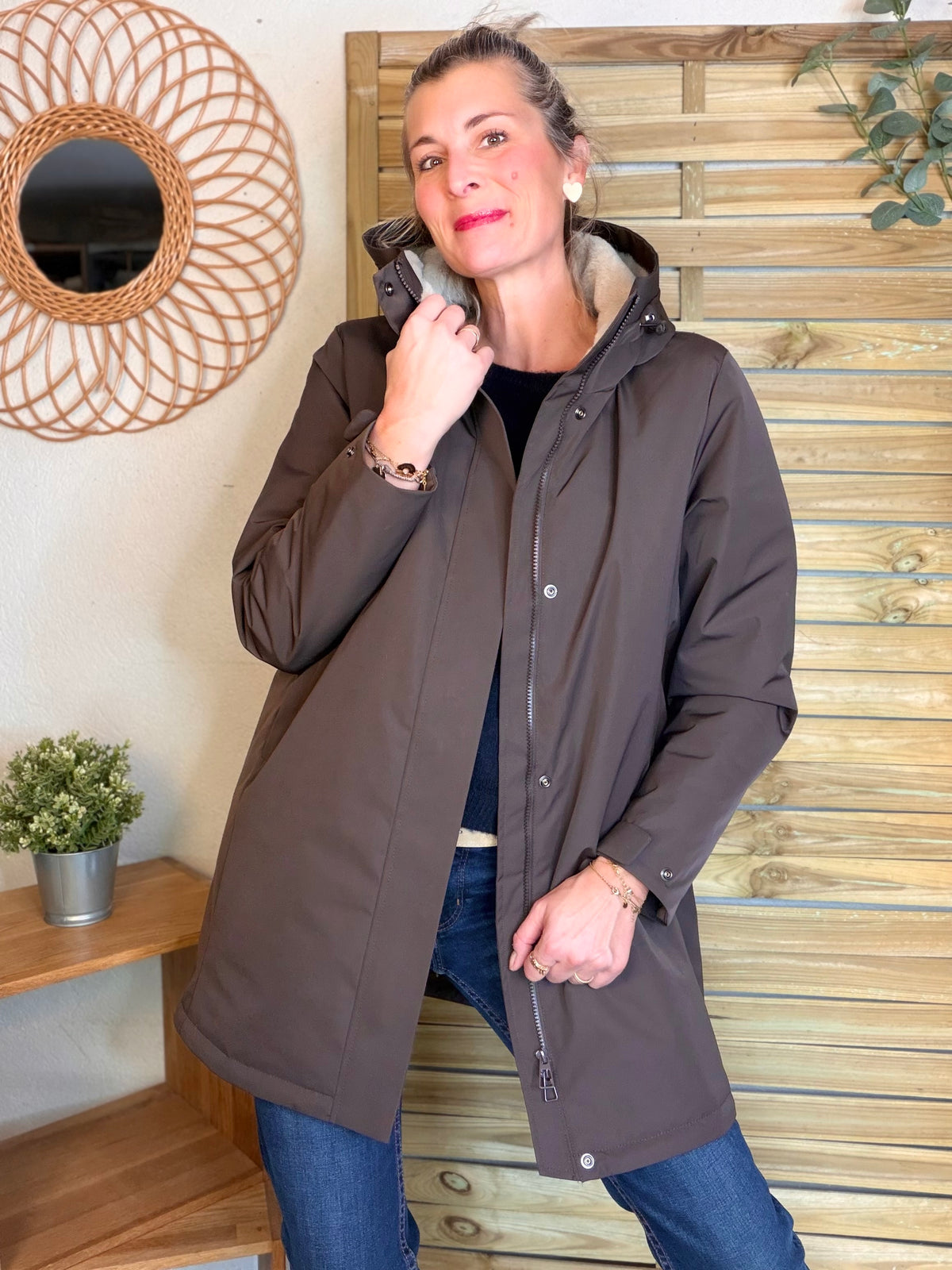 LAURA JO - Parka fourrée imperméable AMBRE LONG - Chocolat / Beige