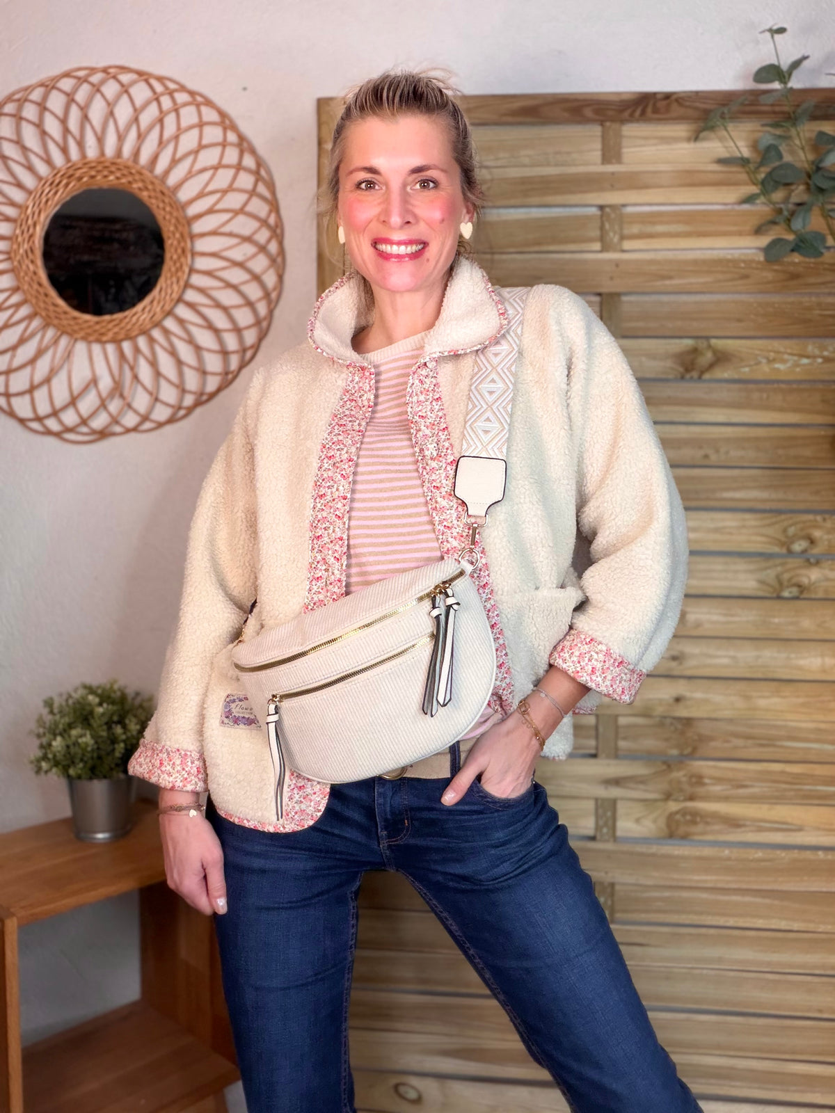 Sac banane en velours côtelé, sangle fantaisie - KATY - Beige clair - FIN DE SÉRIE